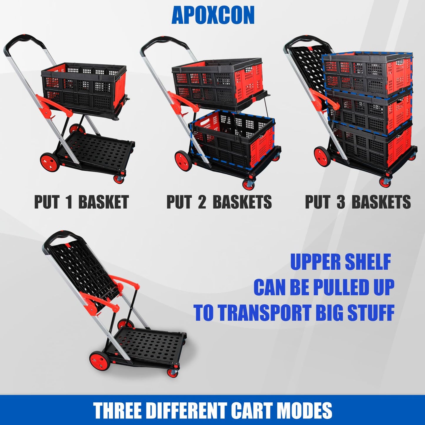 APOXCON Collapsible Shopping Cart with 2 Storage Crates 2-Tier Portable Utility Cart with Swivel Wheels 200lb Capacity Heavy Duty Folding Trolley for Shopping Office Warehouse Catering (Red)