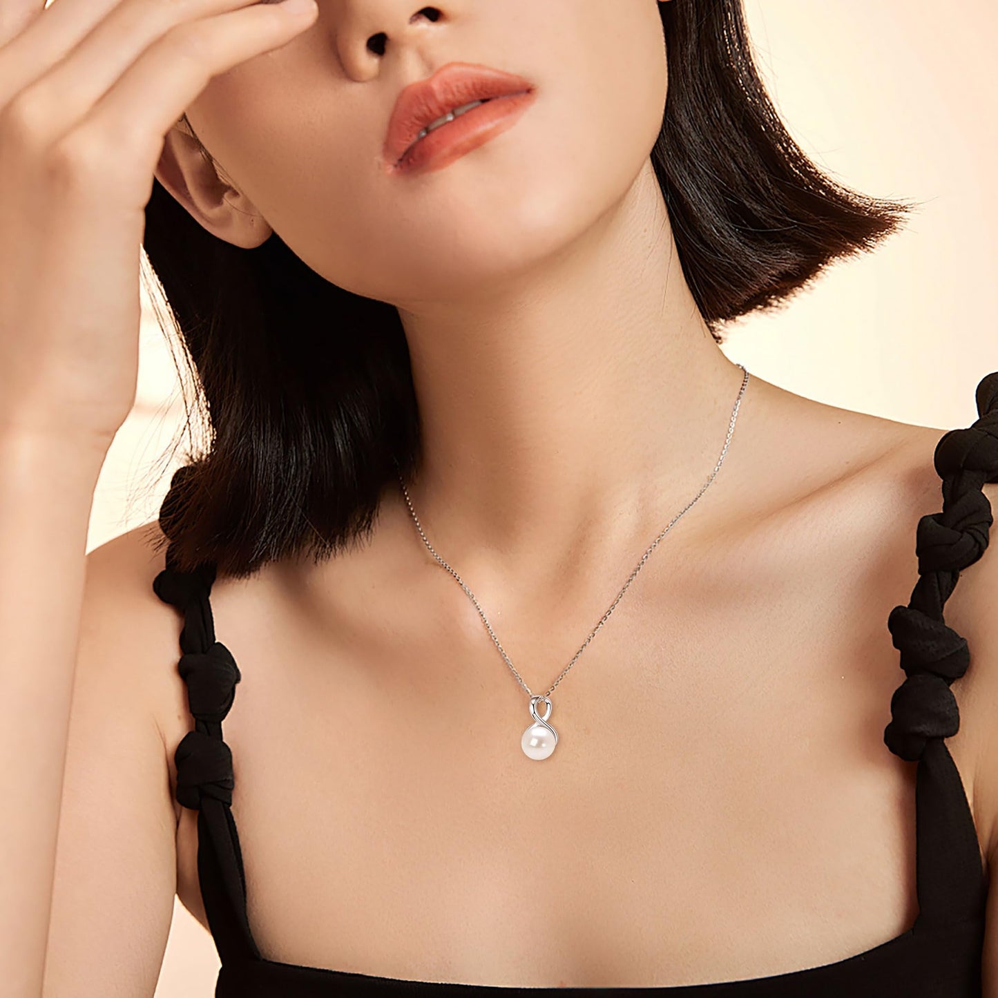 DENGGUANG Sterling Silver Infinity Pearl Necklaces for Women, Freshwater Cultured White Pearl Pendant Necklace Wedding Jewelry Gifts for Bride Bridesmaid