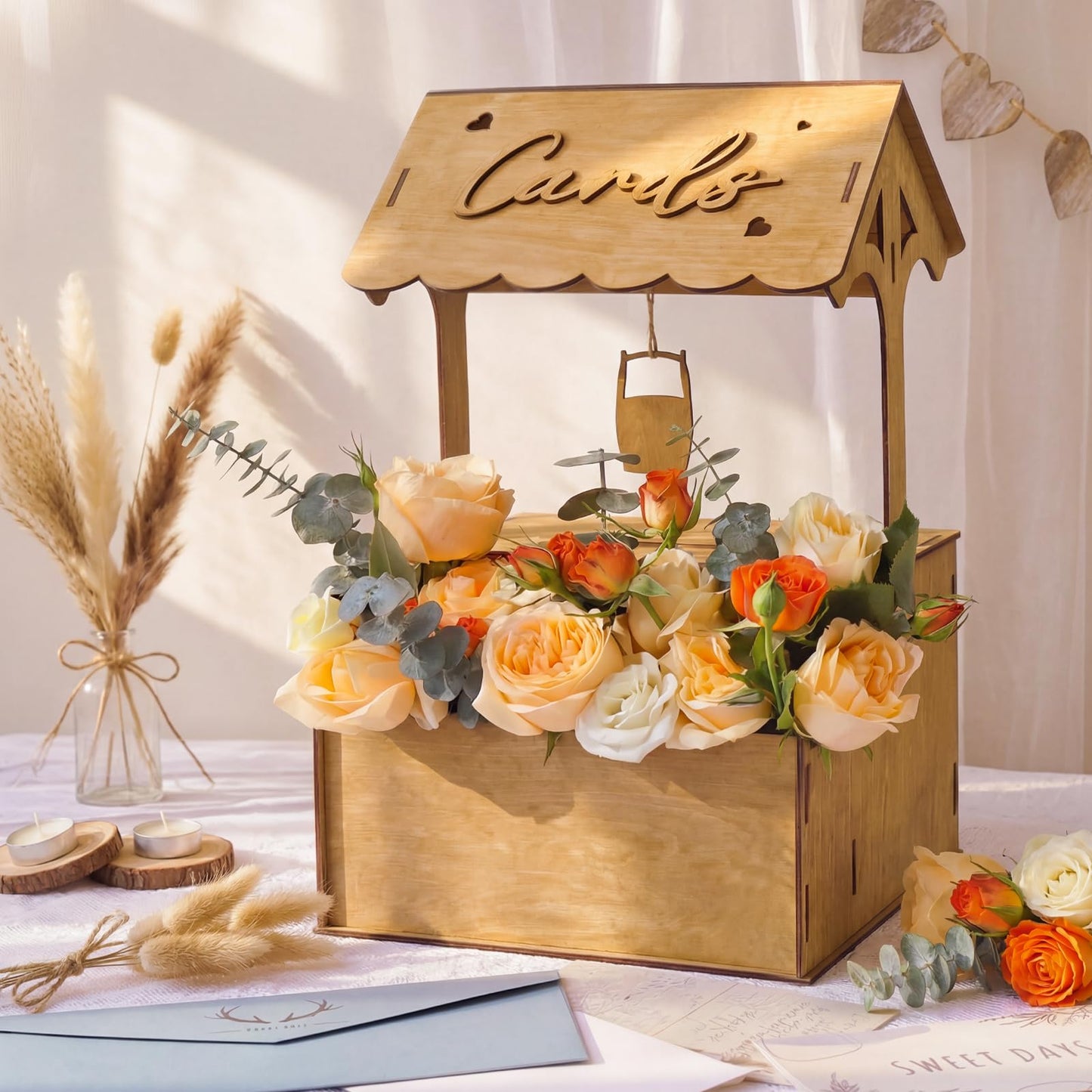 OurWarm Wooden Wishing Well Wedding Card Box with Lock & Flower Trough, Brown Wedding Card Boxes for Reception, Rustic Box for Cards at a Party for Birthday Graduation Baby Shower Reception Decor