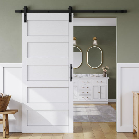 SmartStandard 36in x 84in Sliding Barn Door with 6.6FT Barn Door Hardware Track Kit & Handle, Waterproof PVC Surface, Pre-Drilled Holes Easy to Assemble, Solid, MDF, White, 5-Panel