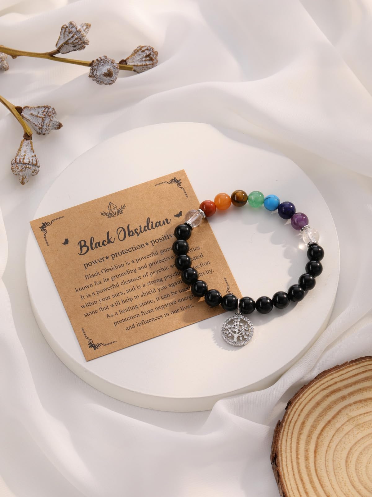 MANIFO Black Obsidian Chakra Crystals Bracelet for Women Healing Crystal Bracelet Natural Gemstone Beaded Bracelets with Life Tree Charm Jewellery Valentines Christmas Gifts