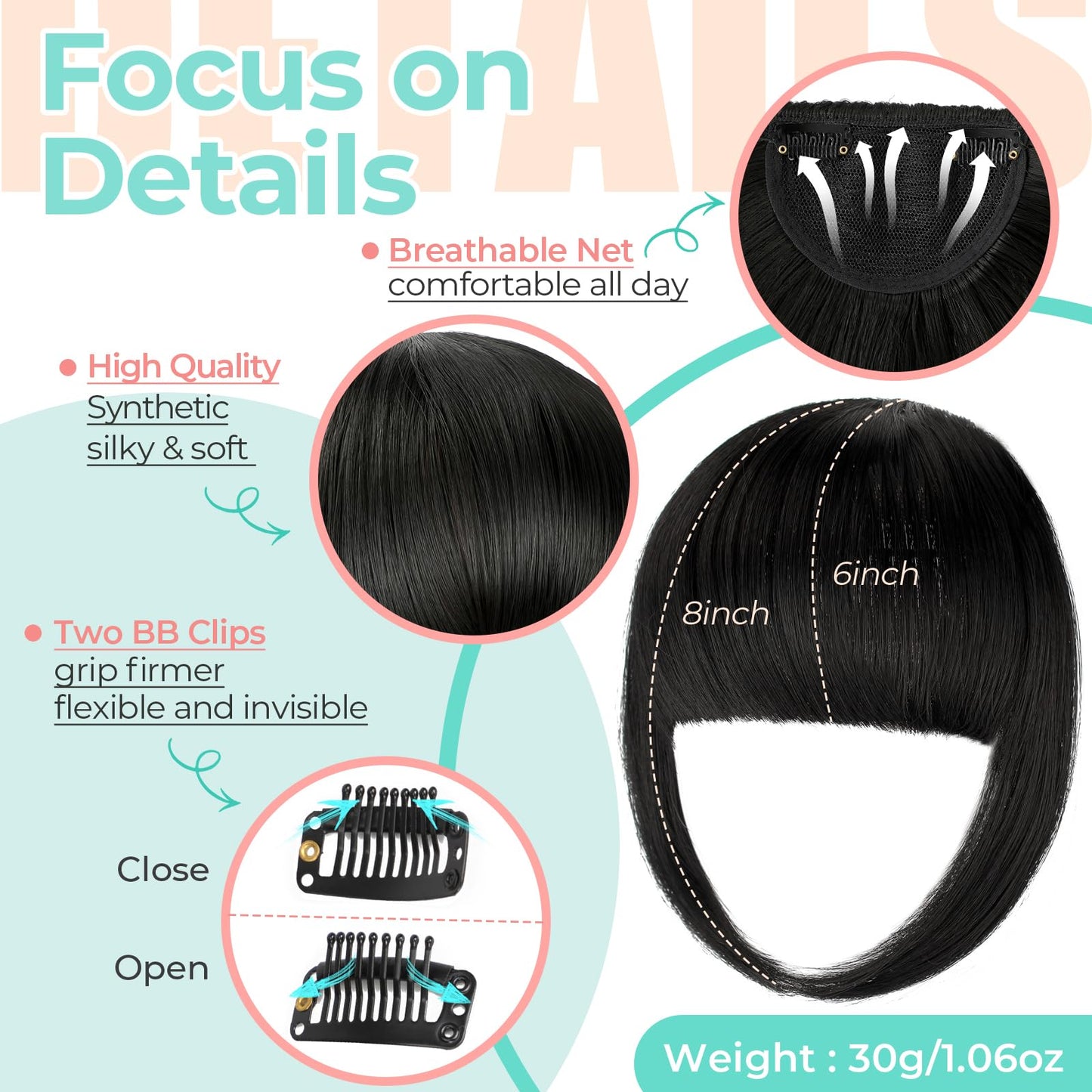Cephermer Clip in Bangs, Synthetic French Bangs Hair Clip, Fake Bangs Fringe with Temples Hairpieces for Women Natural Curved Hair Extensions for Daily Wear Natural Black