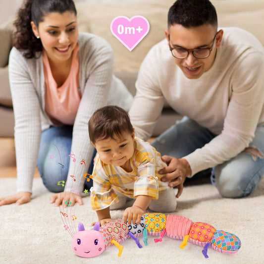 Baby Infant Musical Toy Soft Stuffed Animal Toy with Multi Textures,Rattle,Crinkle,Newborn Baby Toy for 0 3 6 9 12 Months Girls Boy Gift,Caterpillar，Pink