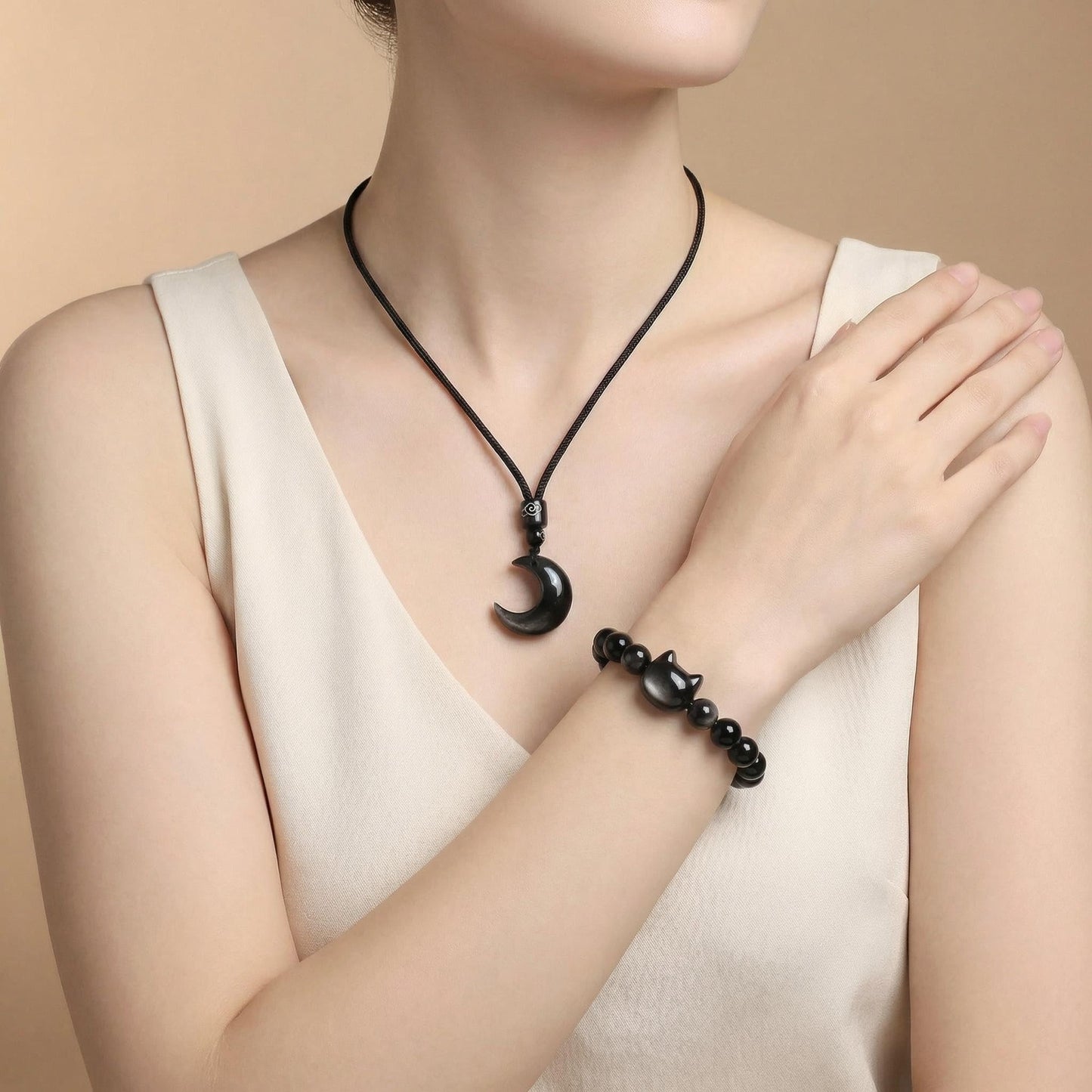 Black Obsidian Cat Bracelet and Moon Pendant Necklace Jewelry Set-Cat Lover Gifts,Wealth Attraction,Good Luck,Bead Bracelet,Mindfulness,Beaded Bracelets, Obsidian Pendant Necklace-Cute Gifts for Women