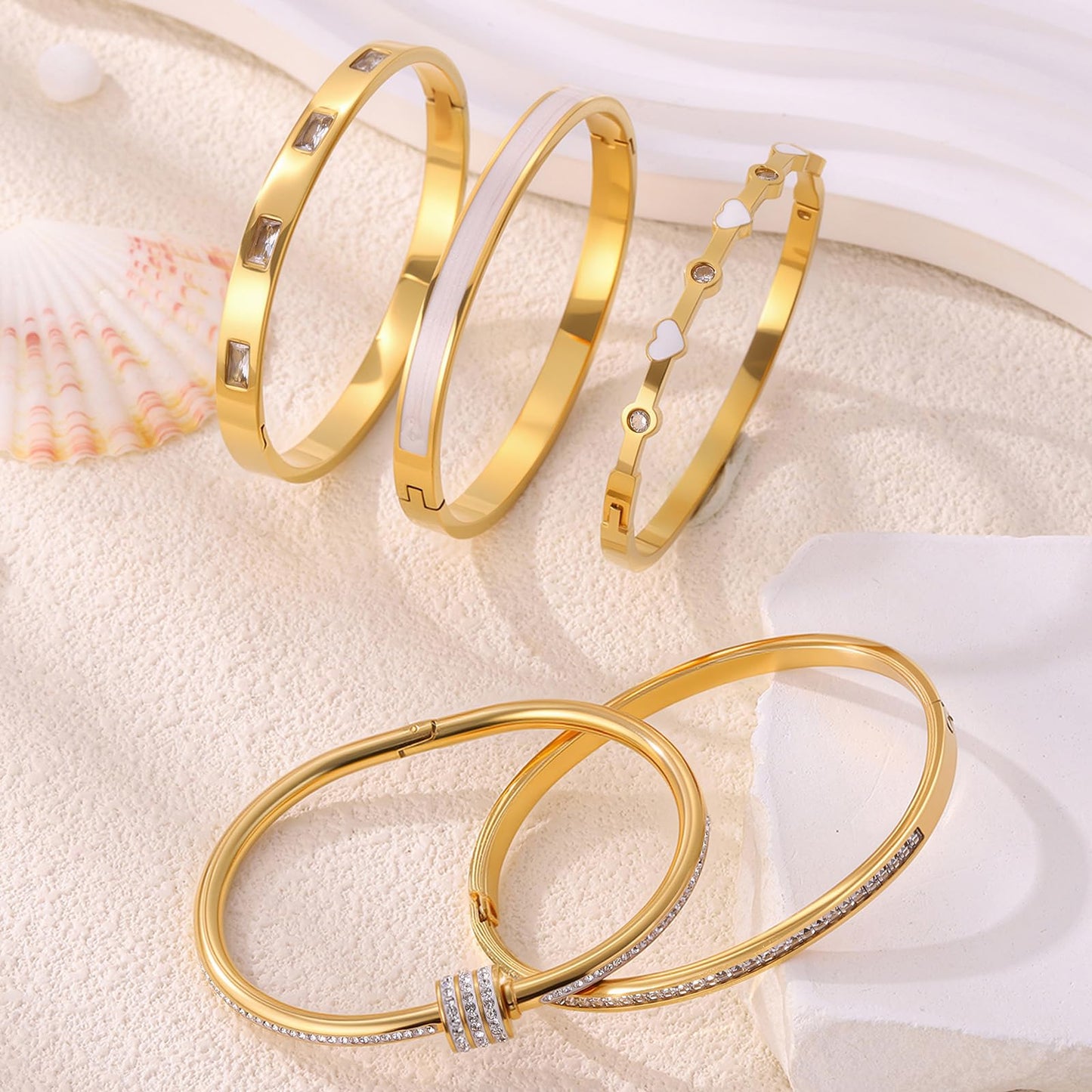 Camhanno 18K Gold Plated Stainless Steel 5-Piece Gold Bangle Bracelet Set for Women - Pink Crystal Friendship & Love Heart Design, Stackable Bangles Jewelry - Ideal Birthday Gift for Women (White)