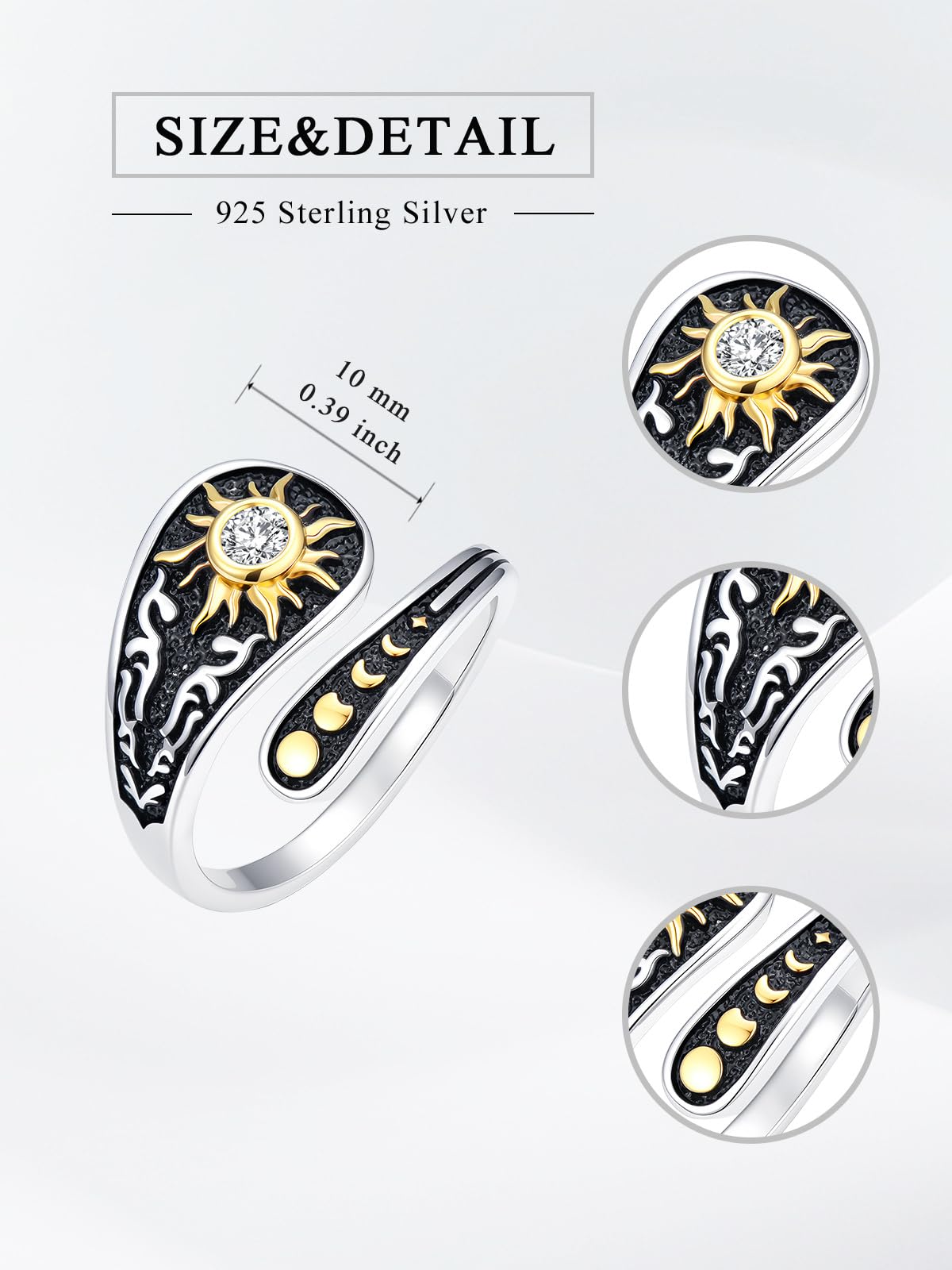 Midari Sun and Moon Star Spoon Rings Cubic Zirconia 925 Sterling Silver Adjustable Sun and Moon Thumb Vintage Finger Open Spoon Ring Moon Phase Jewelry Halloween Christmas Birthday for Women Daughters Friends