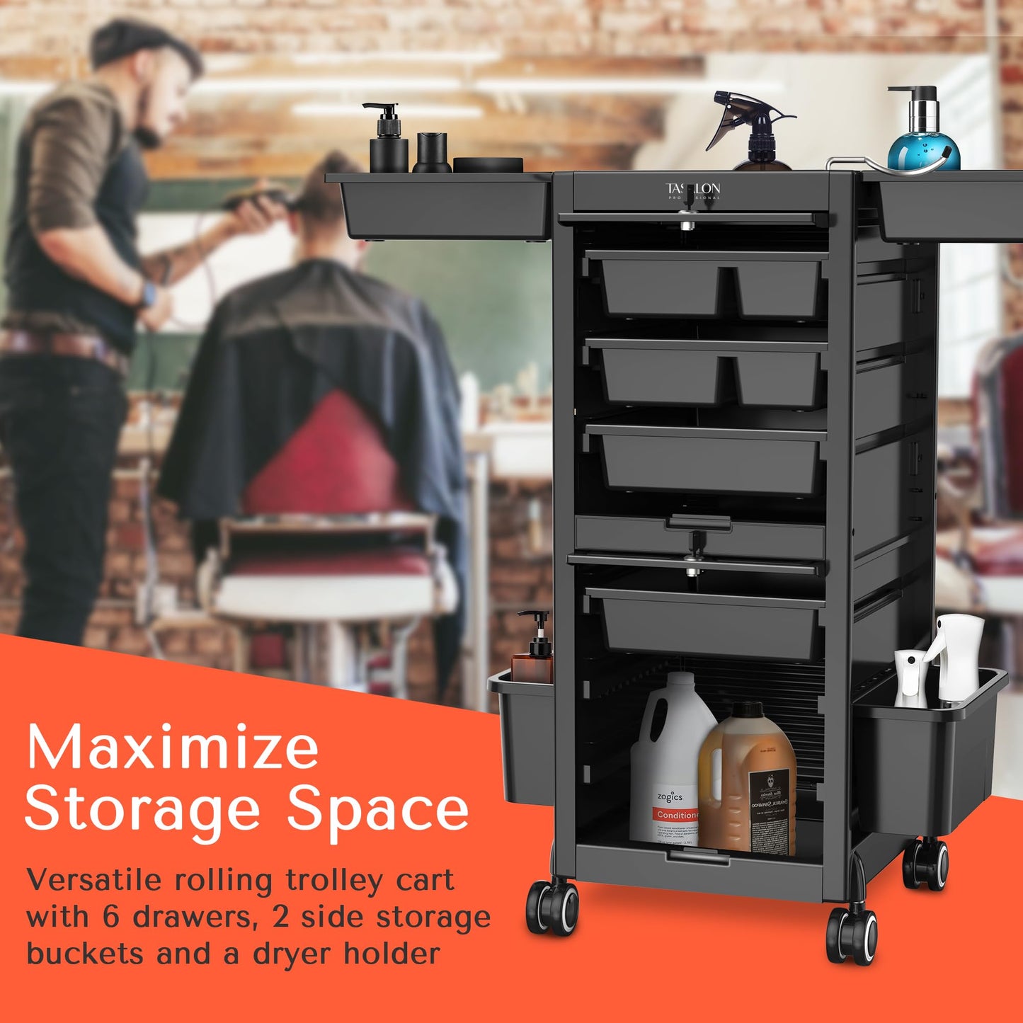 TASALON Premium Lockable Salon Trolley with Wheels and 6 Drawers & 2 Bucket, Versatile Salon Cart for Hair Stylist, Tattoo, Barber