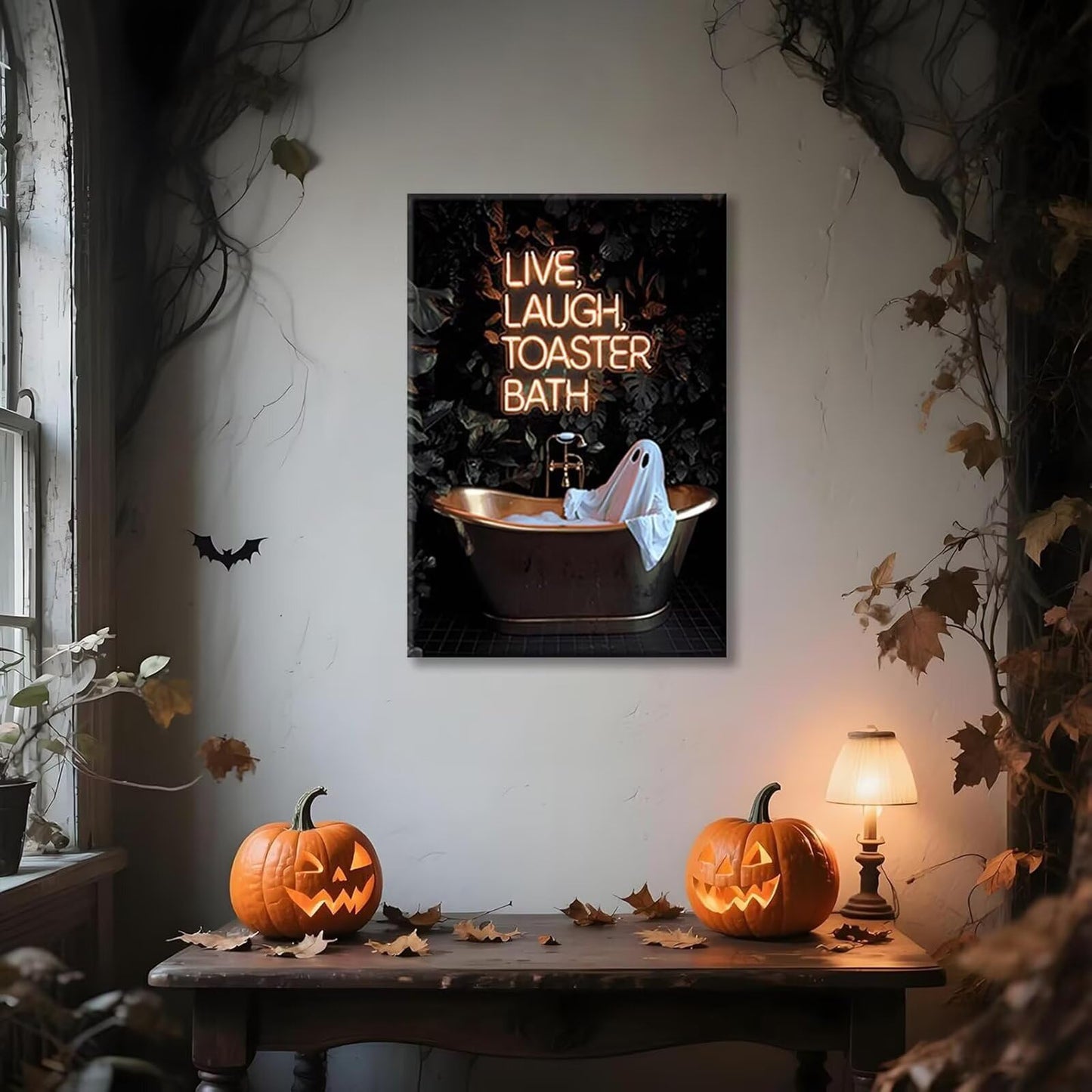 Live Laugh Toaster Bath Neon Poster Spooky Cute Ghost In Bathtub Wall Art Funny Halloween Gothic Dark Academia Canvas Print Vintage Quirky Painting Home Artwork Aesthetic 12x16inch Unframed