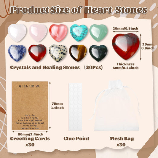 30 Pcs Heart Crystals and Healing Stones Bulk, 0.8" Polished Natural Heart Shaped Rocks Gemstones with Hug Cards Set for Meditation Balancing Chakra Reiki Valentines Mother's Day Gifts