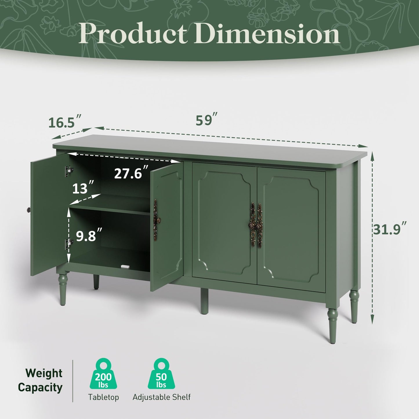 HEYNEMO 58'' Sideboard Buffet Cabinet with Storage, Mid Century Modern Storage Cabinet with 4 Doors and Adjustable Shelves, Green