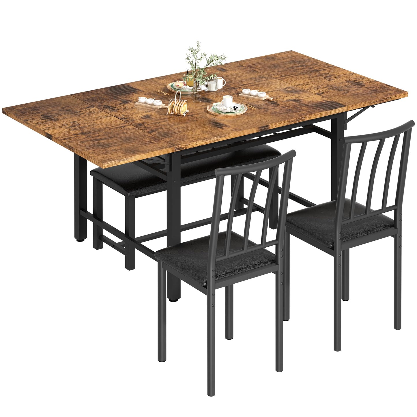 Lamerge 4-Piece Dining Table Set for 3-6 People, 63" Extendable Kitchen Table Set with 1 Bench and 2 Backrest Chairs, Faux Wood Table Square Dining Table Set with Drop Leaf for Small Space