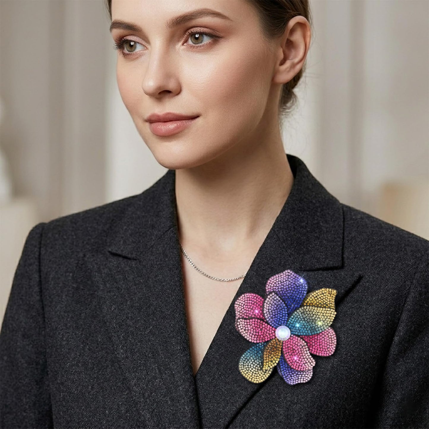 Merdia 3.74 Inches Rhinestone Camellia Flower Brooch Pins & Hair Clips for Women Elegant Created Crystal Lapel Pin Brooches Wedding Party Colorful