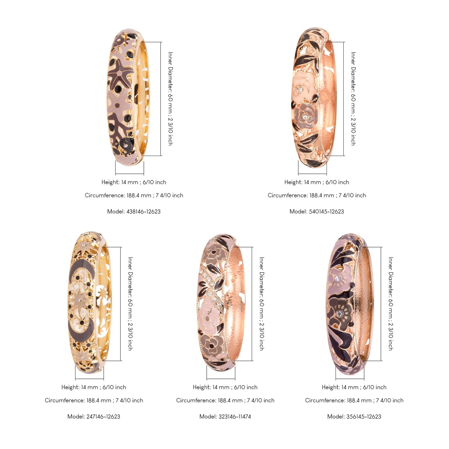 UJOY Enamel Bracelets Pack of 5 Colorful Cloisonne Rose Gold Flower Engraved Bangles for Women Jewelry Gift Pack in a Box 5PCS-88A Brown