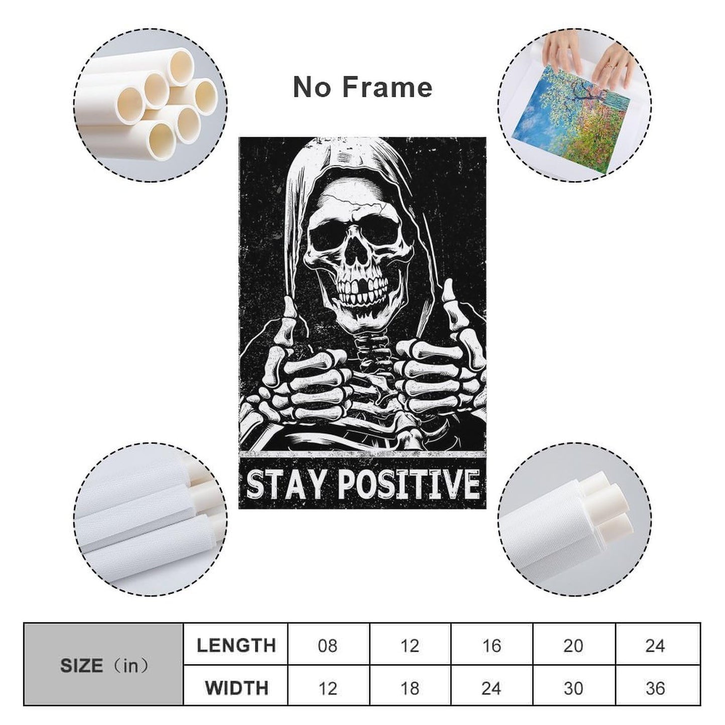MAIHAIBAO Funny Stay Positive Skull Canvas Wall Art - Dark Humor Grim Reaper Poster - Motivational Gothic Decor for Bedroom & Office - 12x18 Inch (Unframed)