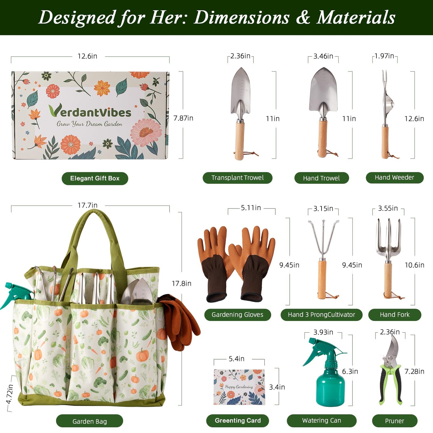 VerdantVibes 10-Piece Garden Tool Set - Heavy Duty Stainless Steel Gardening Kit with Wood Handle, Pruners & Vegetable Print Tote Bag - Unique Gardening Gifts for Women Mom Grandma