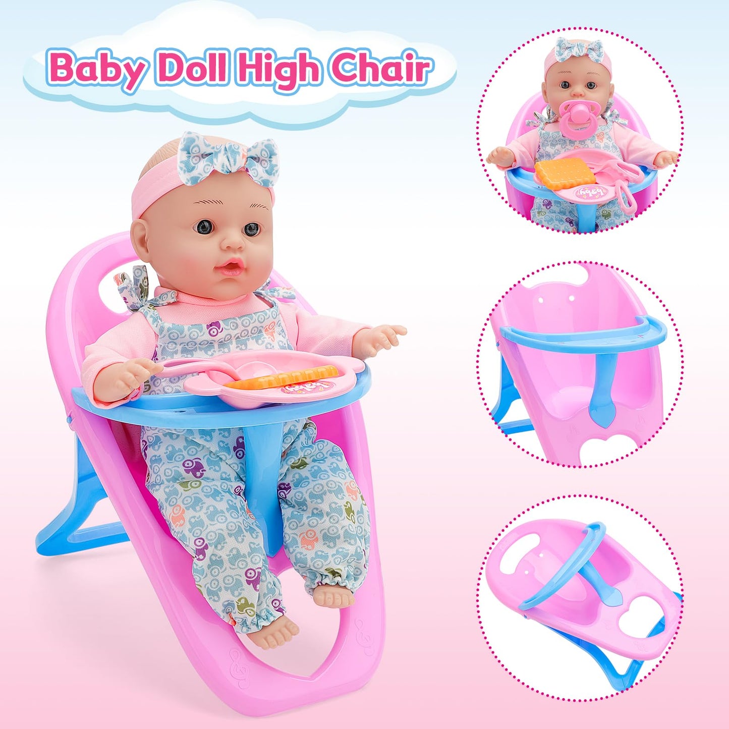 deAO Baby Doll Stroller Set Baby Doll Accessories Playset Pretend Play Toys with 12" Baby Doll,Foldable Stroller,2 Sets Doll Clothes High Chair Christmas Birthday Gift for Toddler Girls 3-7