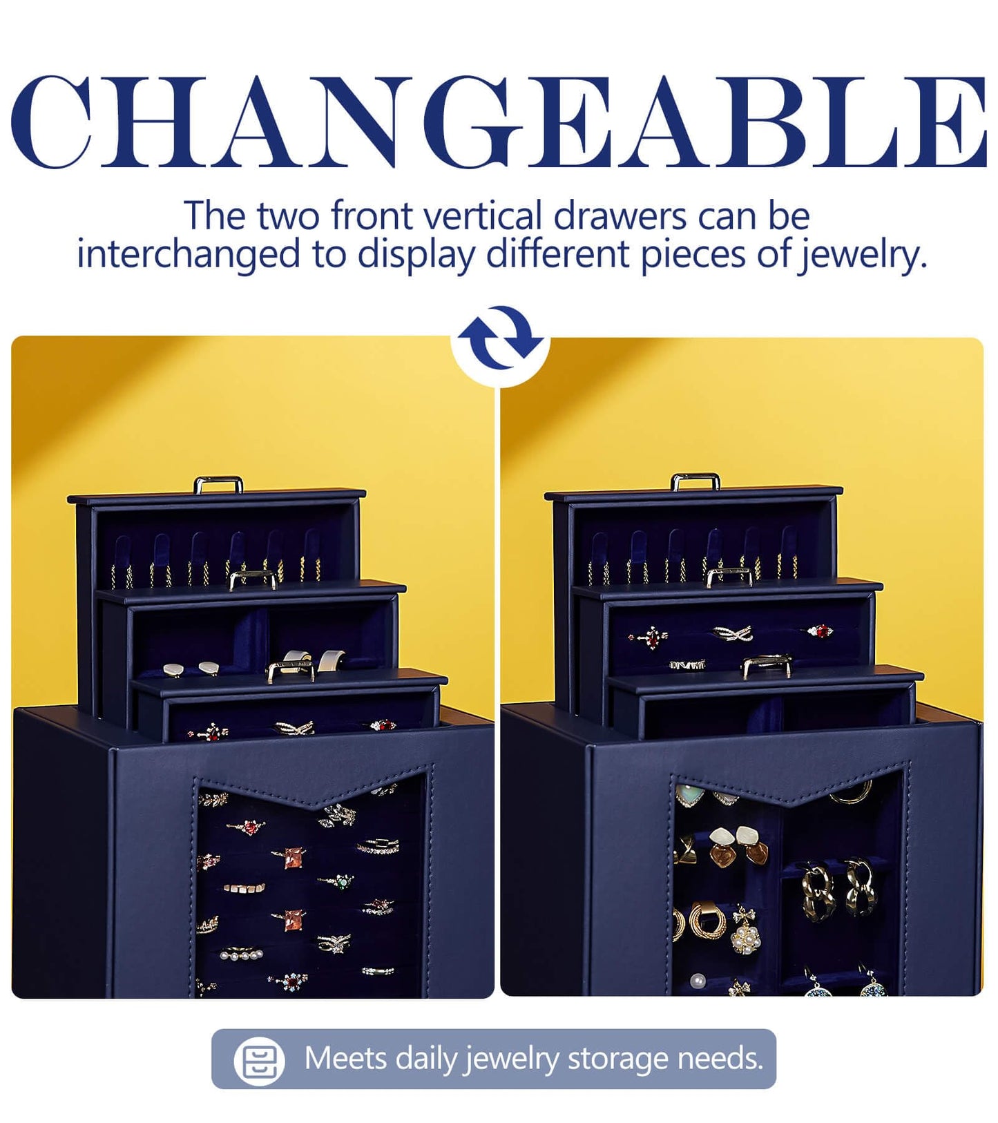 Homde Jewelry Organizer with Transparent Window Necklace Hooks Gift for Women Jewelry Box Display Case for Necklaces Rings Earrings Bracelets and Other Accessories (Dark Blue)