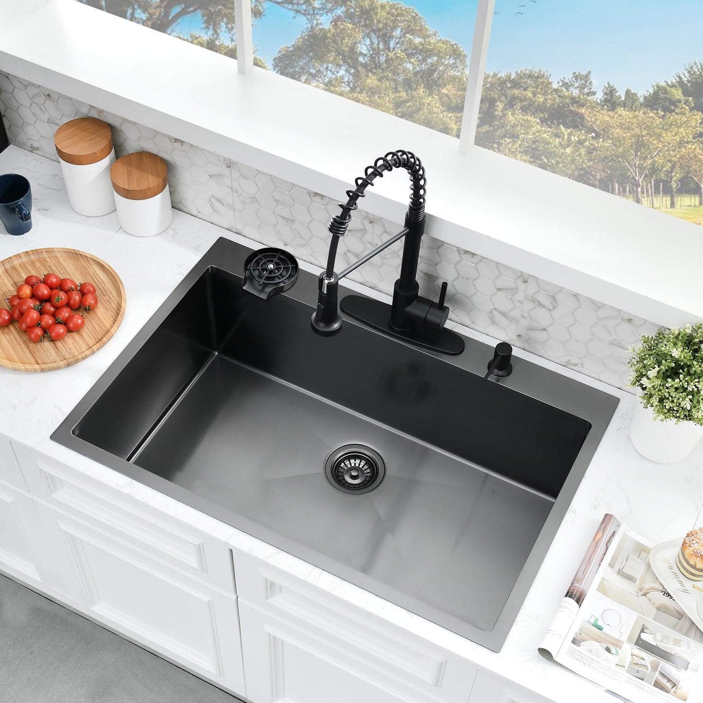 SOMRXO 33x22 Drop In Kitchen Sink and Faucet Combo Set, Black Stainless Steel Kitchen Sink with Cup Washer,9 Inch Deep Single Bowl with Accessories, Heavy-Duty & Easy-Clean Design