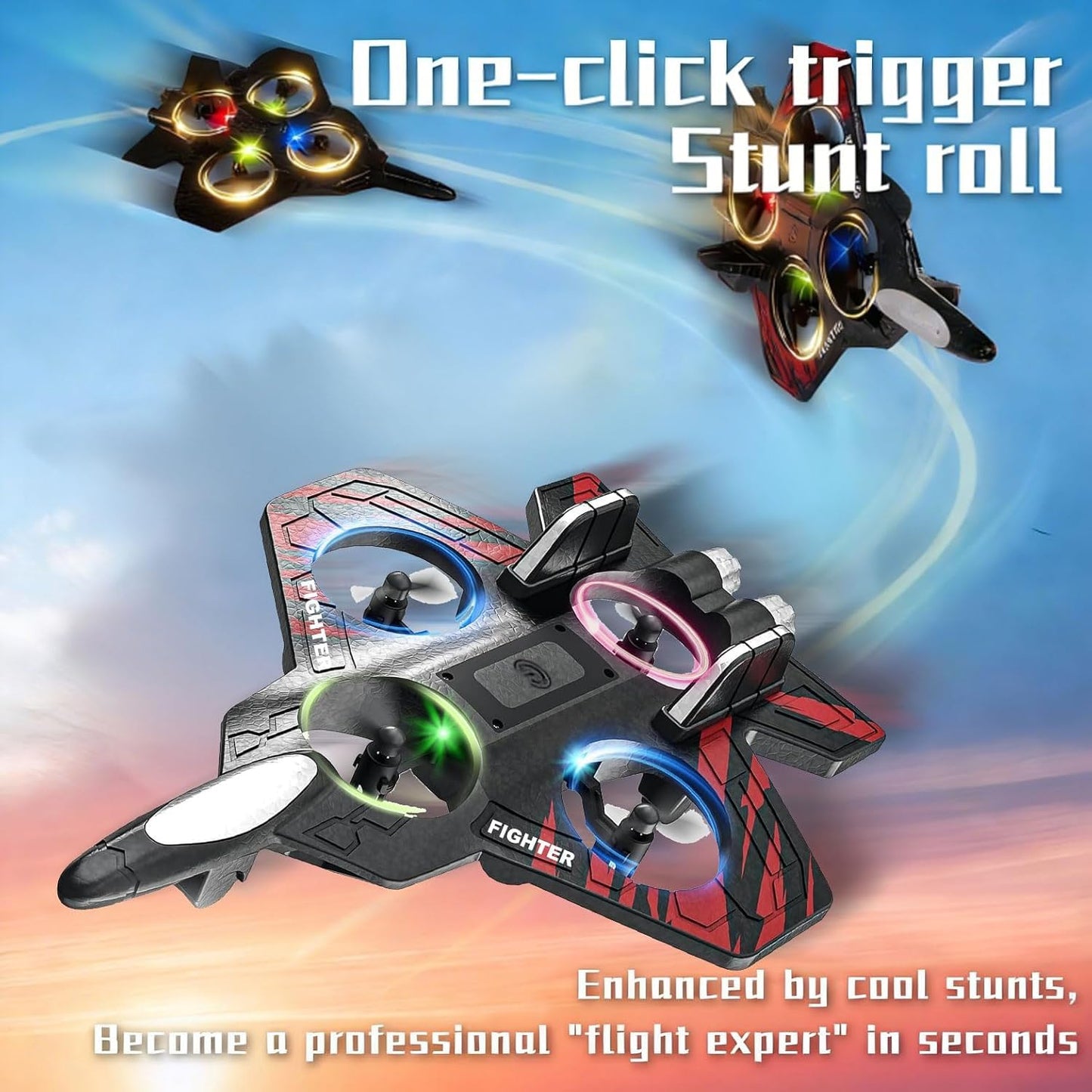 serfiman Foam Remote Control Airplane with LED Lights, RC Jet Fighter 360° Flip & Stunt Roll, 2.4GHz RC Plane for Teens & Adults, Blue