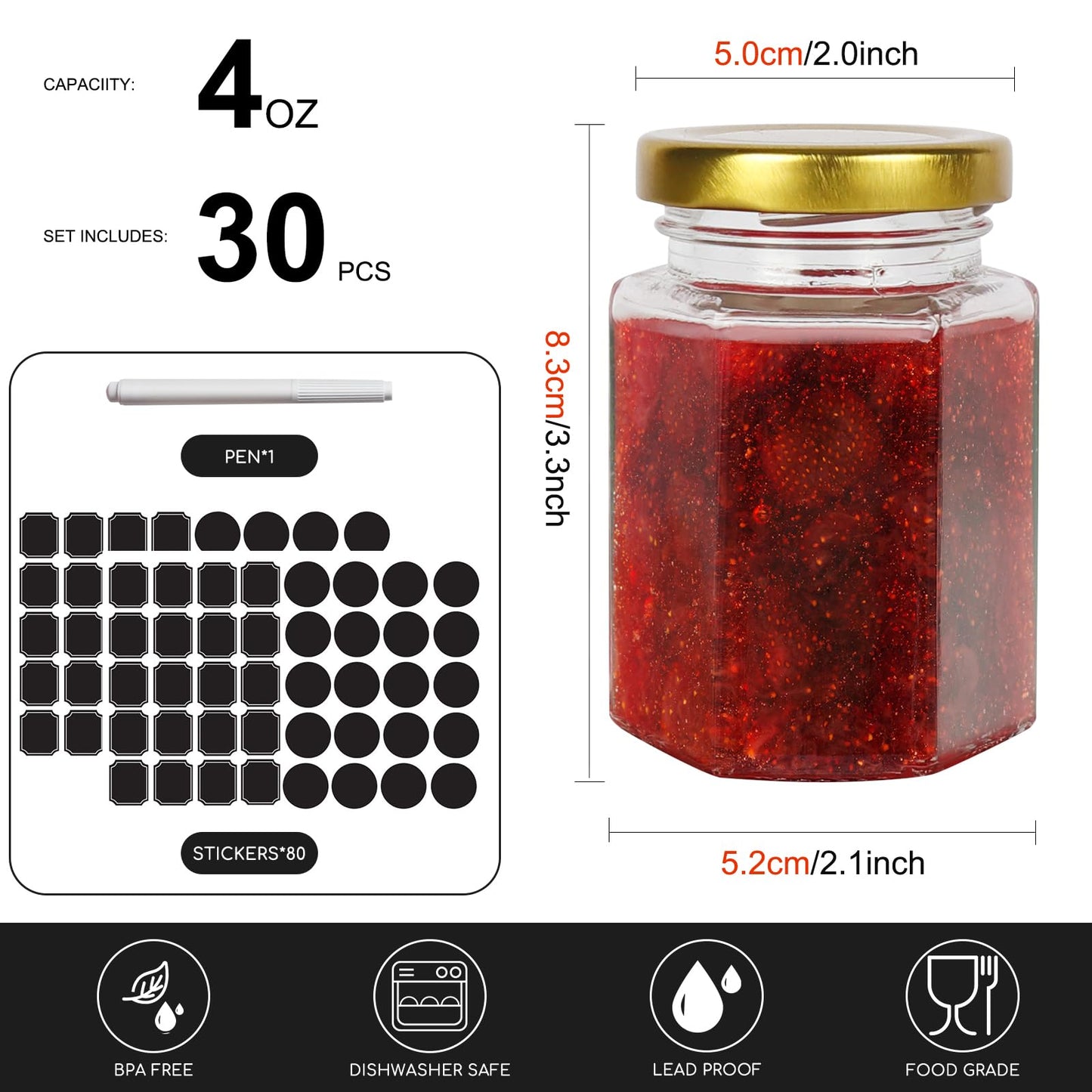Keketin 4 oz Hexagon Glass Jam Jars with Gold Lids,30 Pack Canning Jars for Jams,120ml Small Glass Honey Jar for Food Storage,Spices,Sauces,Baby Foods,Wedding Favors and Jars Crafts