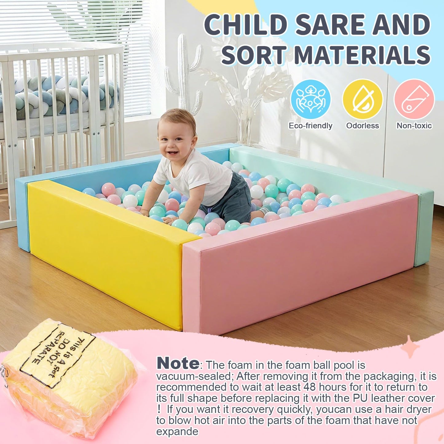Arrowbash 43.3" x 11.8" PU Leather Baby Foam Soft Playpen Ball Pool, Soft Rectangle Climbing Blocks Play Pit for Kids Indoor Outdoor Large Game, Ball Toddlers Game Activity Pit, Balls Not Included