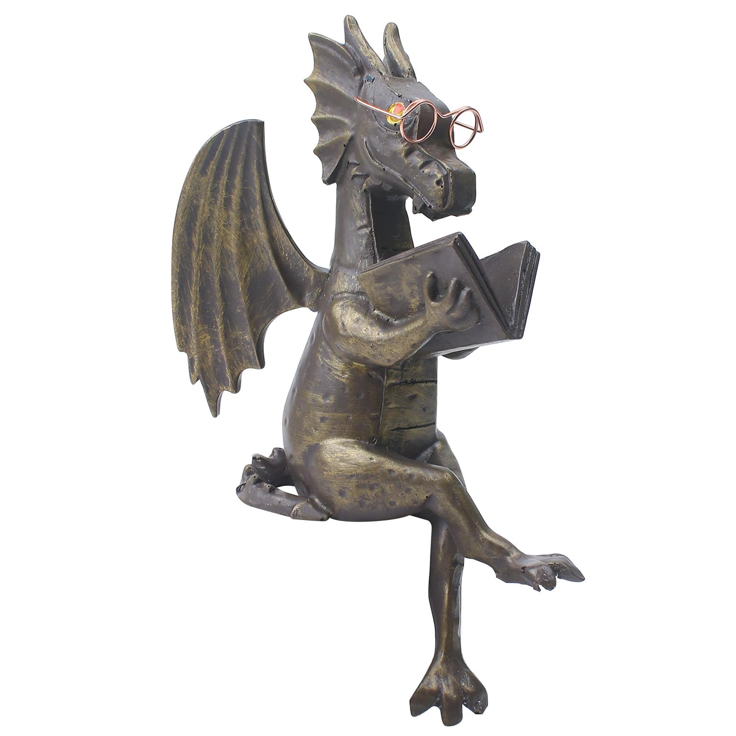 Dragon Reading Book Statue Figurine Sculpture, Wearing Glass Dinosaur Mini Cute Small Creative Ornament for Garden Bookshelf Decorations Adult Shelf Home Landscaping Outdoor Desktop Housewarming