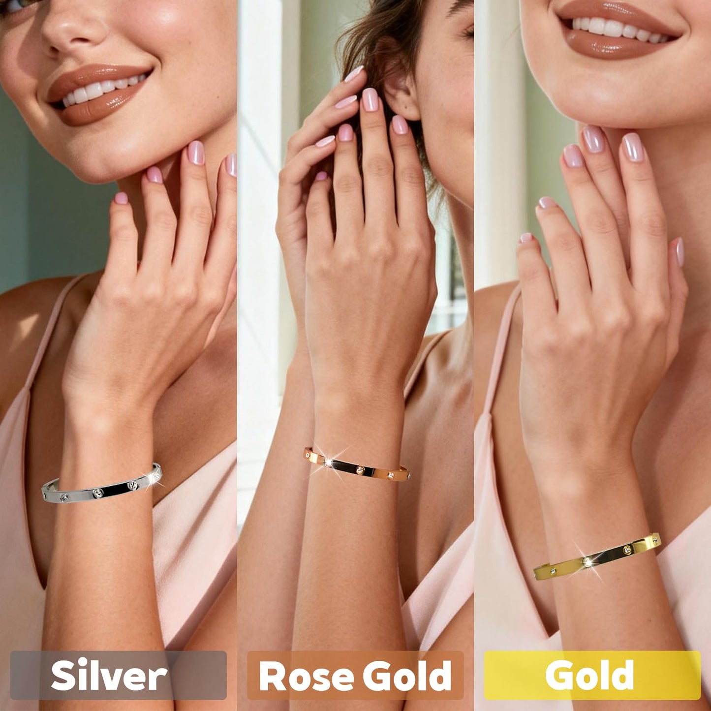 3PCS Gold/Silver/Rose Gold Love Bangle Bracelet Set for Women, Palace Multi-style Light Luxury, Zinc Alloy with Cubic Zirconia, Stackable, Ideal Gift for Birthday Christmas Valentine's Day Mother's Day
