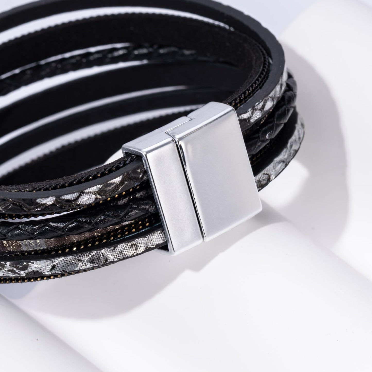 Becklynn Boho Leather Wrap Bracelets Beaded Crystal Stackable Cuff Bracelet with Magnetic Clasp Cowboy Cowgirl County Concert Outfits Western Jewelry Gifts for Women(Double Layer Black)