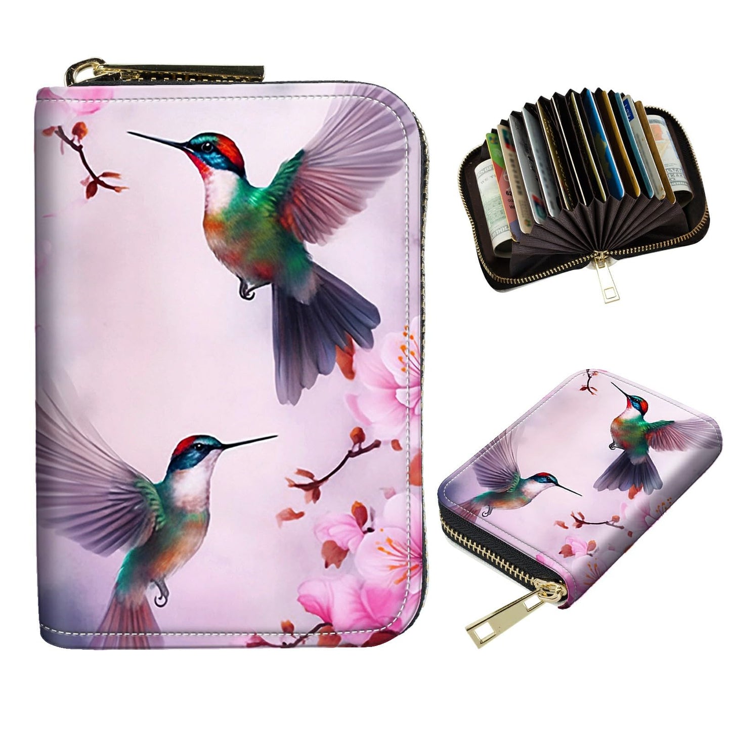 DIGTIALL Hummingbird Flower Credit Card Holder for Women with Zipper Small Credit Card Wallet PU Leather RFID Blocking Wallet Card Organizer Wallets Accordion Wallets Gift for Women or Men