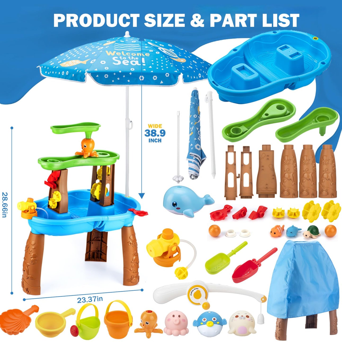 ZACEAC Water Table for Toddlers 3-5 with Umbrella Outdoor Toys for Kids Ages 4-8 Kids Sand Water Table with Fishing Game Set Activity Sensory Table with Water Pump Summer Gift for Kids