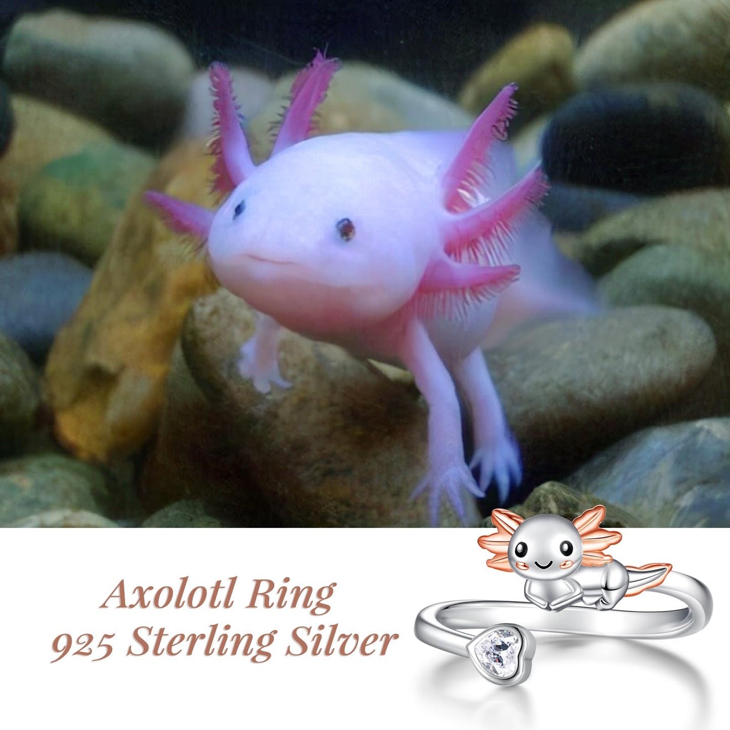 Zepmais 925 Sterling Silver Animal Ring - Adjustable Open Owl Axolotl Rings with Heart Cubic Zirconia Opal Cute Animals Jewelry Gifts for Women (Axolotl Ring)