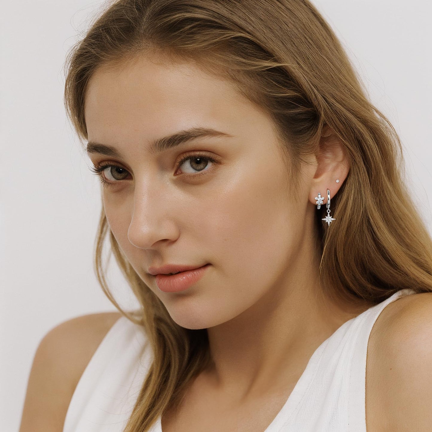 3 Pairs 925 Sterling Silver Earrings Set for Women, Hypoallergenic Silver Huggie Hoop Star Earrings Trendy, Cubic Zircon Studs Cartilage Silver Earring Stacks, Jewelry for Women Gifts