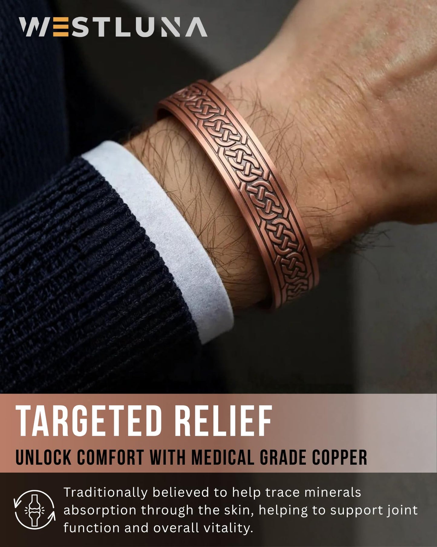 WestLuna Copper Bracelet for Men, 18X Ultra Strength Magnetic Bracelets with 3,800 Gauss Magnets, 99.99% Pure Copper Health Jewelry Gift, Includes Gift Box, Jewelry Cloth, Blank Blessing Card (Celtic Knot)