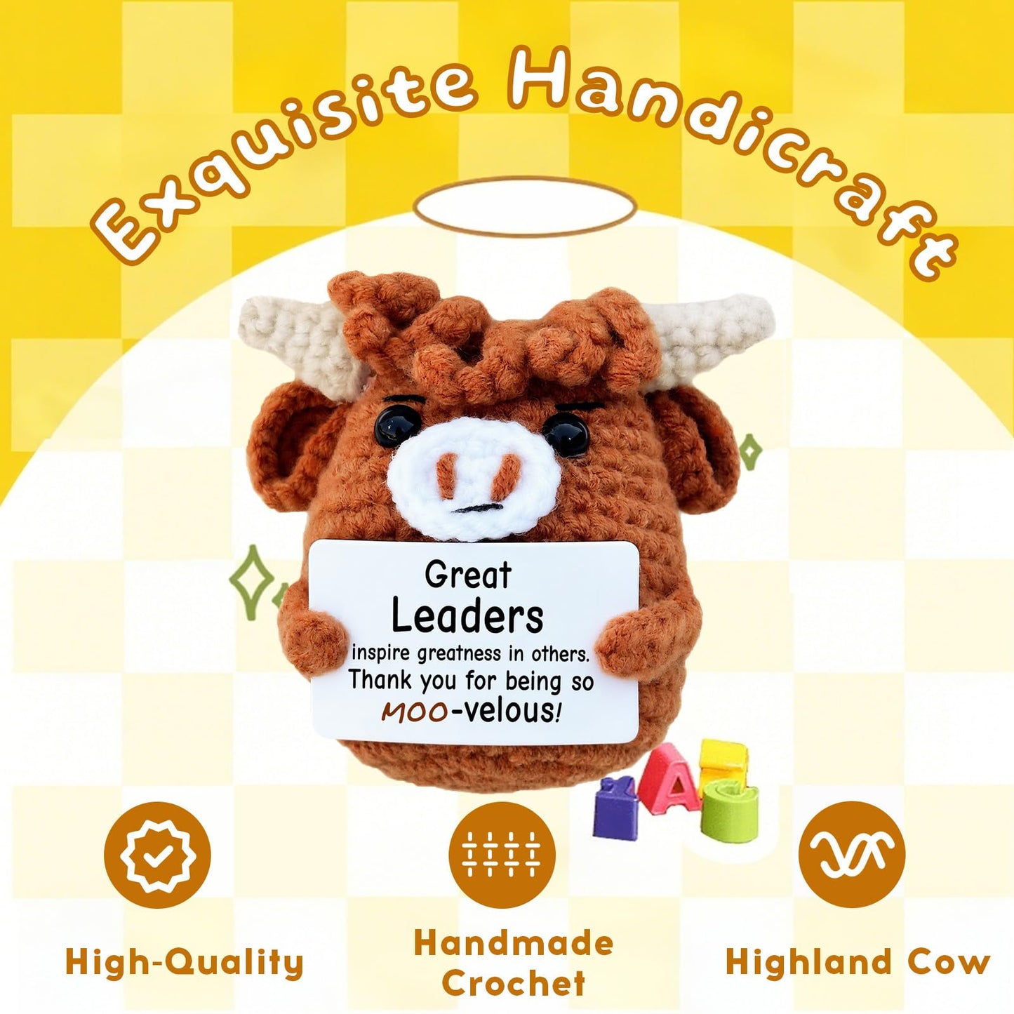 Roqei Handmade Crochet Highland Cow Boss Gift - Motivational Thank You Gift for Men & Women Managers Supervisors | Cute Office Desk Decor for Bosses Day, Birthday, Promotion, Christmas Appreciation