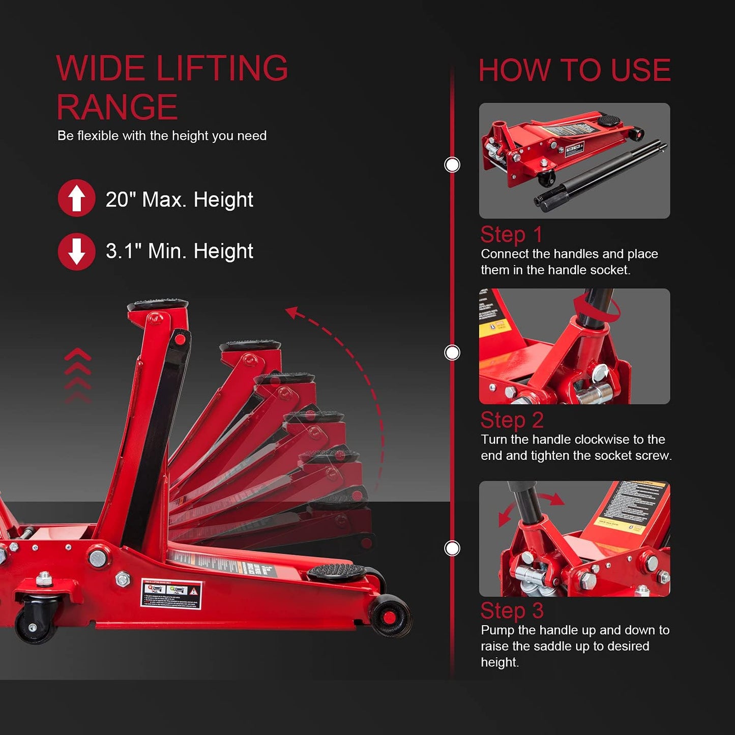Big RED 3 Ton Dual Hydraulic Pump Floor Jack, 7-Pump Lift (3.125"-20") for Cars/Trucks/SUVs, Low-Profile Heavy-Duty 6600lbs Steel Jack with Overload Protection & 1-Year Warranty