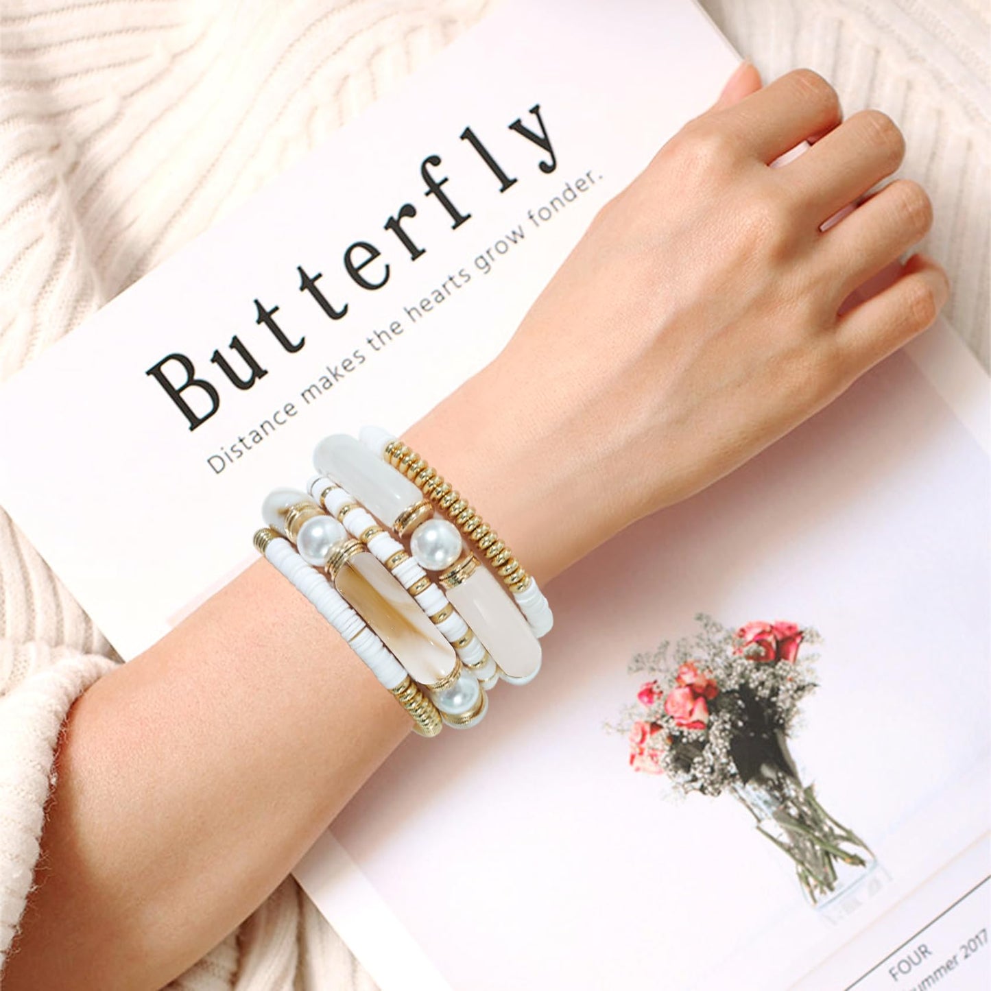 GOOJIDS Chunky Simple Beaded Gold Plated Bangles Bracelet Bamboo Tube Curved Stacking White Acrylic Colorful Beads Stretchable Gold Plated Bracelets Set For Women