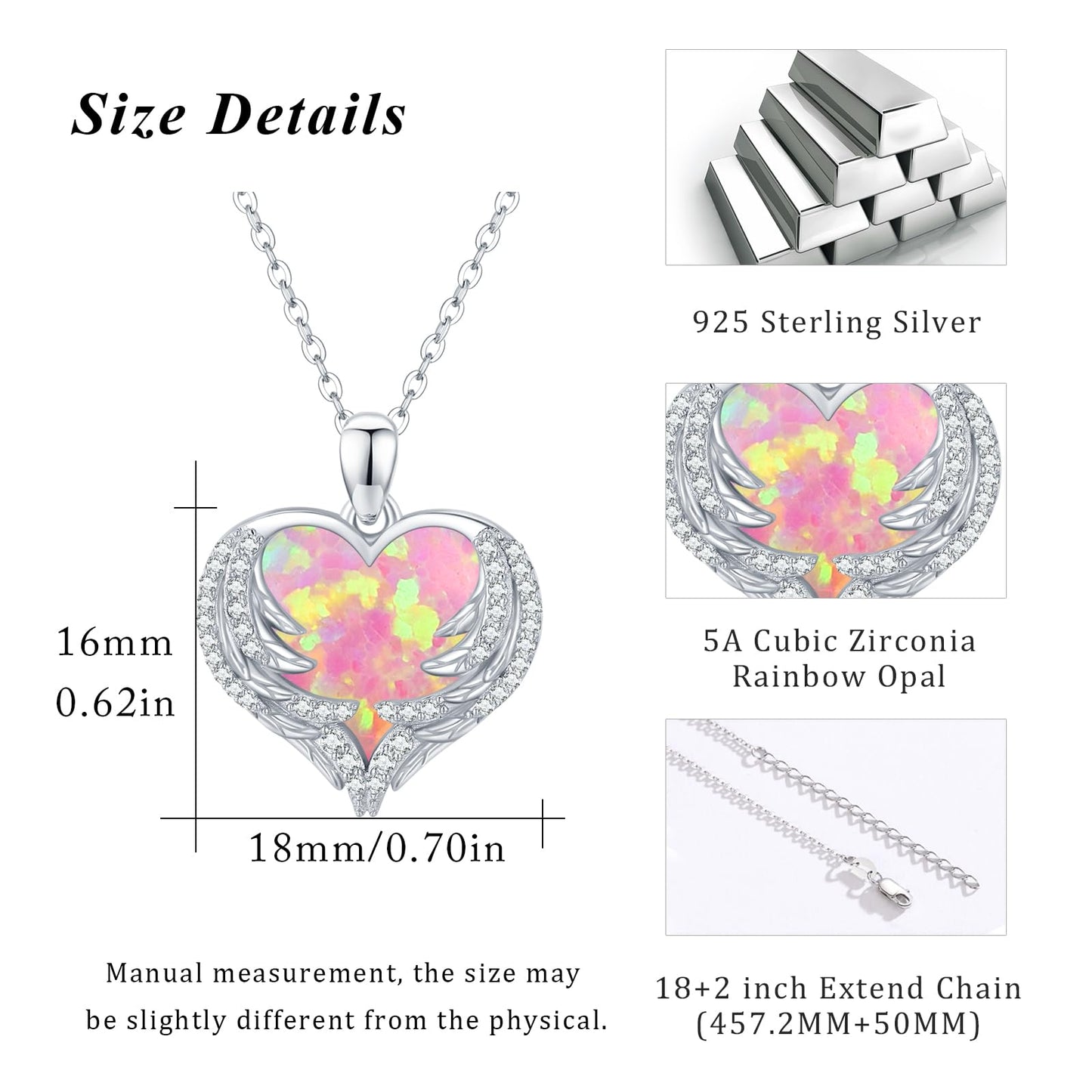 CUOKA MIRACLE Angel Wing Necklace Pink Opal Heart 925 Sterling Silver Pendant for Women Guardian Angel Wings Pendant Necklace Dainty Opal Jewelry for Women Mom Birthday Gifts