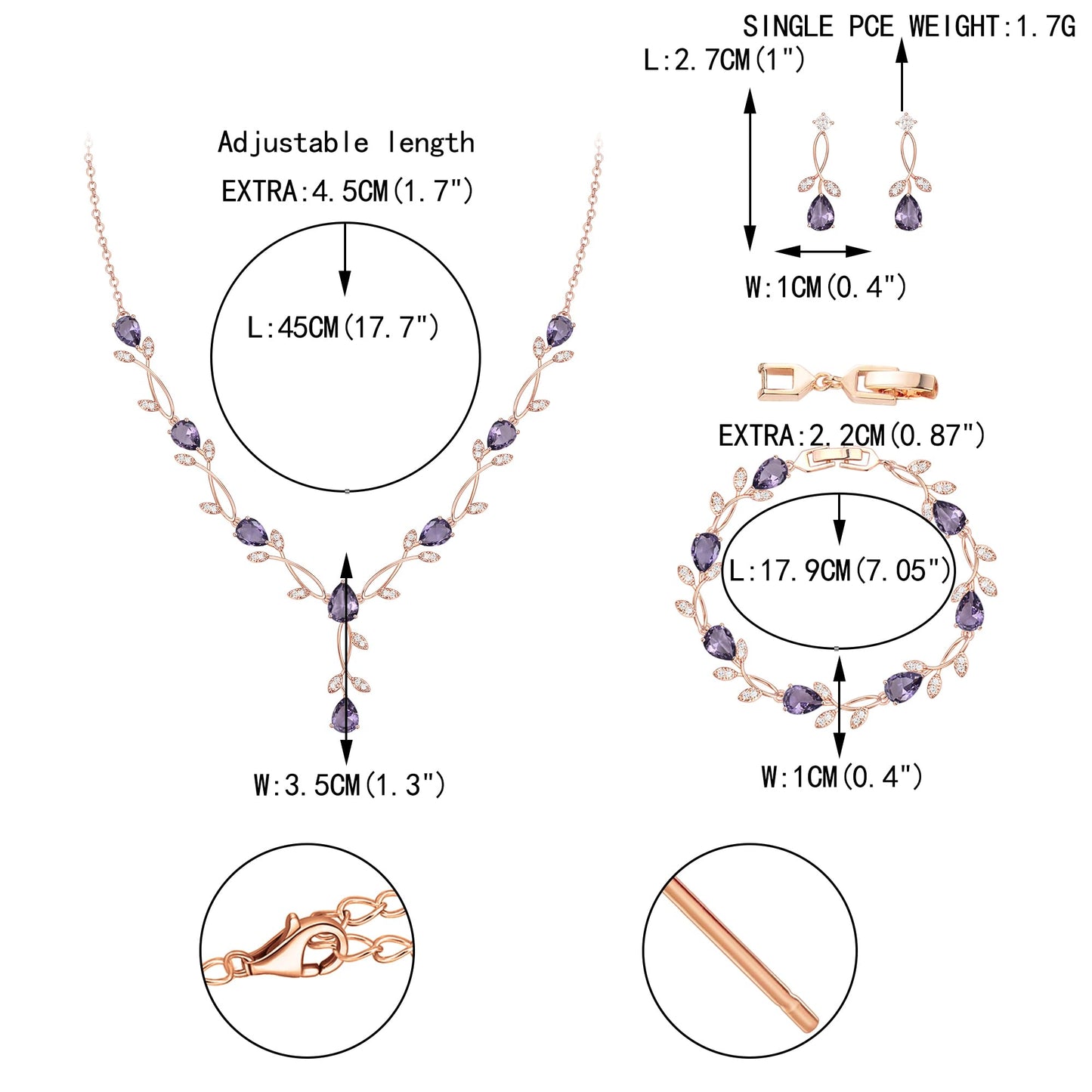 EVER FAITH Wedding Jewelry Set for Bride Bridesmaid, Purple Teardrop Cubic Zirconia Rose Gold-Plated-Brass Leaf Vine Bridal Prom Necklace Dangle Earrings Bracelet Sets for Women