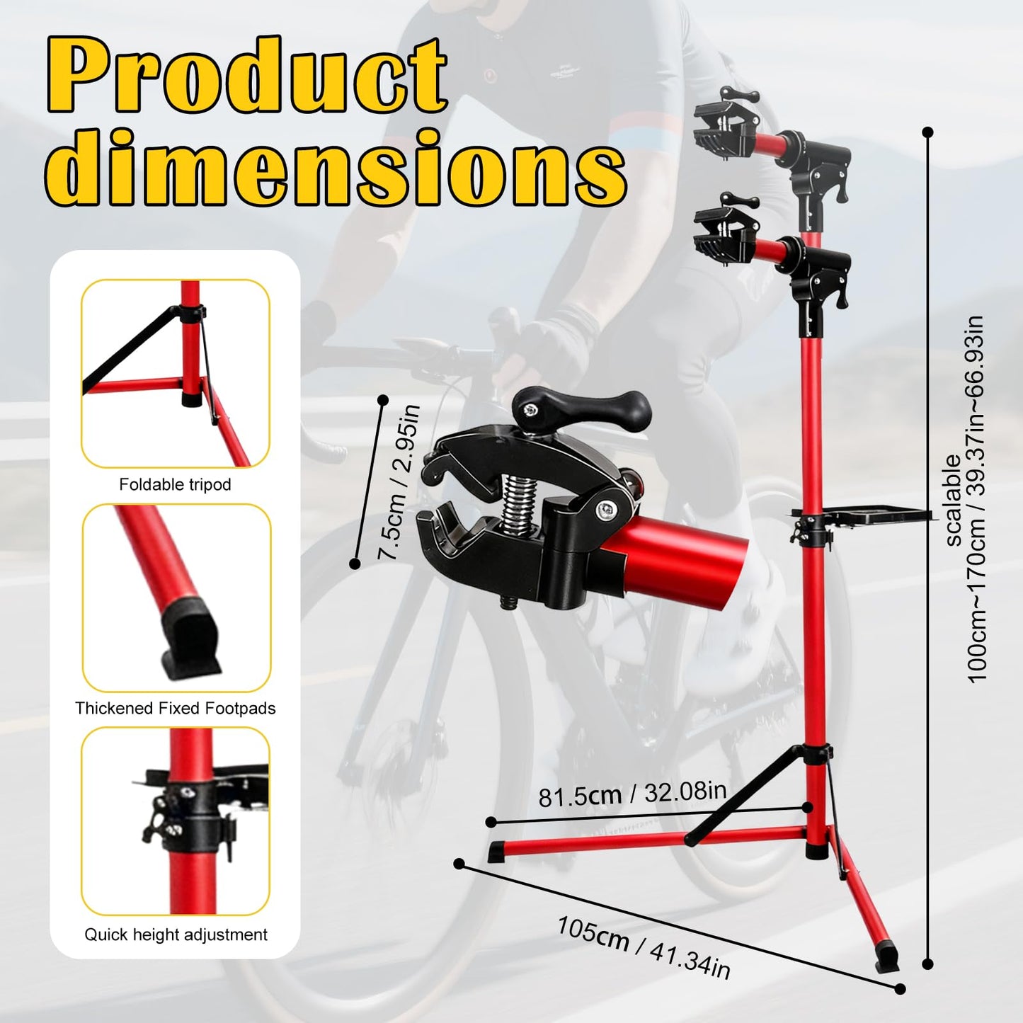 Heavy Duty E Bike Repair Stand (Max 110 lbs), Foldable Bicycle Maintenance Rack, Portable Bicycle Stand Maintenance Workstand Aluminum Made For Electric Bikes, Mountain Bike and Road Bike (Red)
