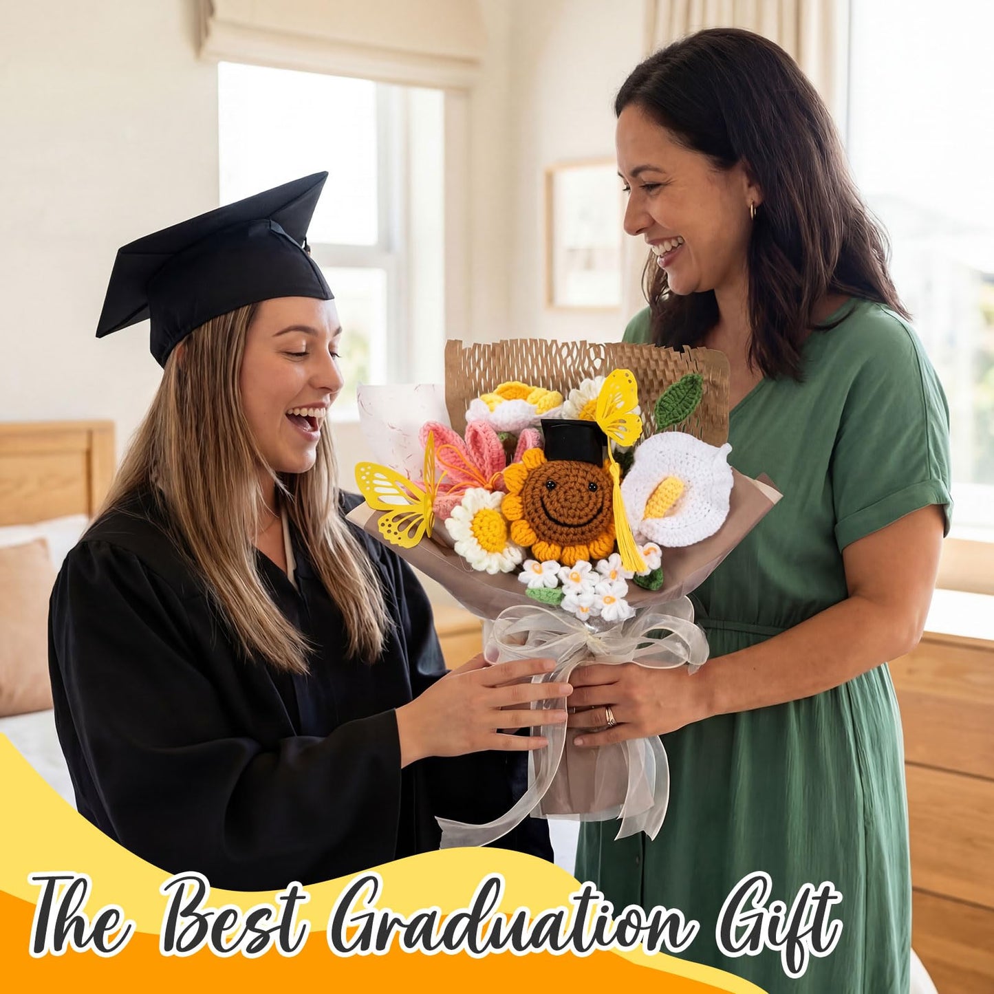 Retrowavy Graduation Crochet Flower Bouquet with Gift Box Bag and Card, Crochet Flowers Handmade Pink Tulips Sunflowers Bouquet Graduation Gifts for Women Friends Grad(Yellow, Grad)