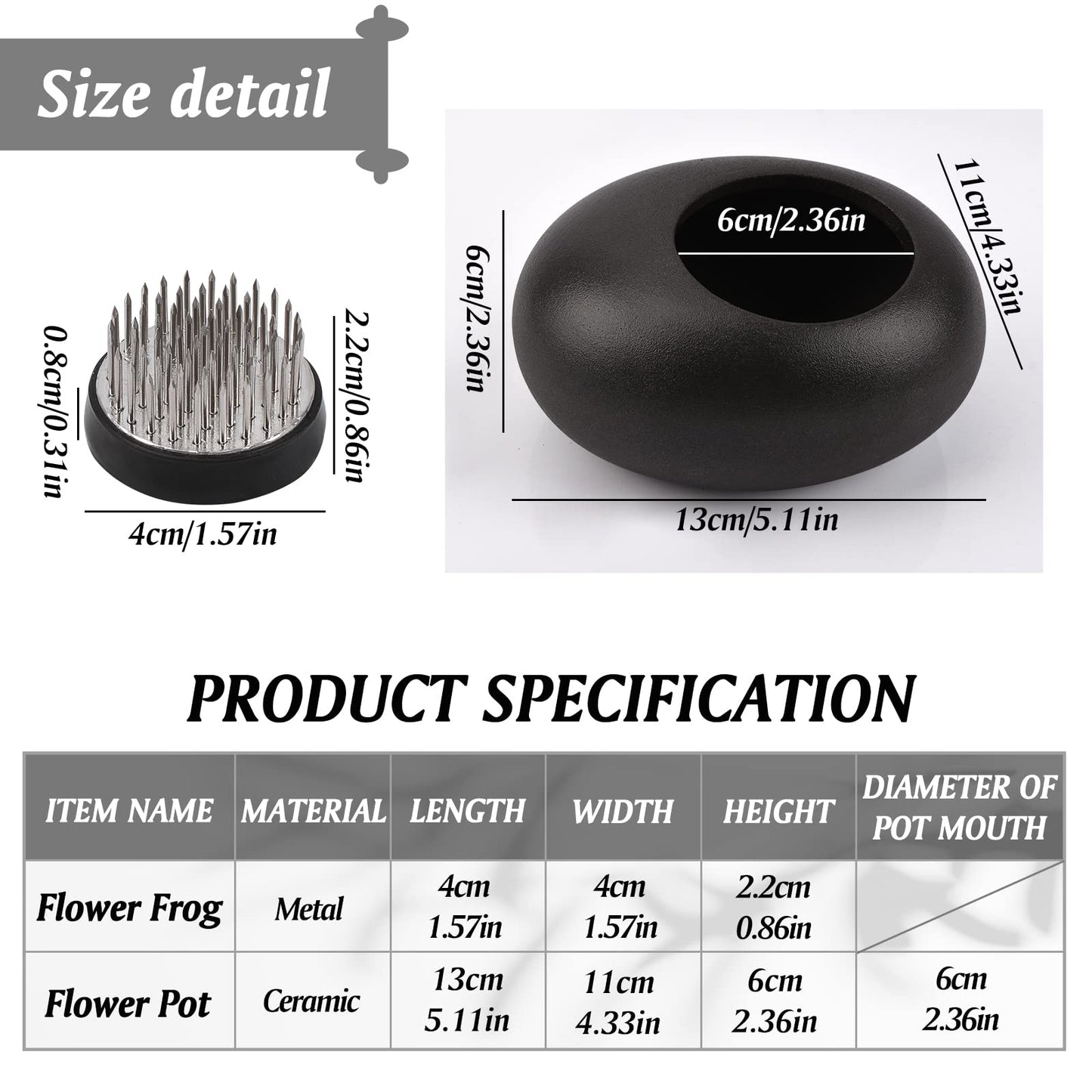 WANDIC Ikebana Flower Arrangement Vase Kit, Black Pebble Ceramic Planter Pot with 4cm Kenzan Flower Frog Pottery Floral Arranging Pin Needle Holder for Floral Art Desk Office Decoration