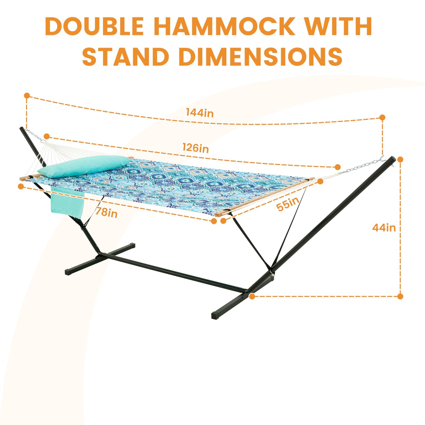 Lazy Daze Hammocks 2 Person Portable Hammock with 12FT Stand for Outside, 10.5FT Quilted Double Hammock with Spreader Bar and Detachable Pillow, 450lbs Capacity for Outdoor Patio, Floral Auqa