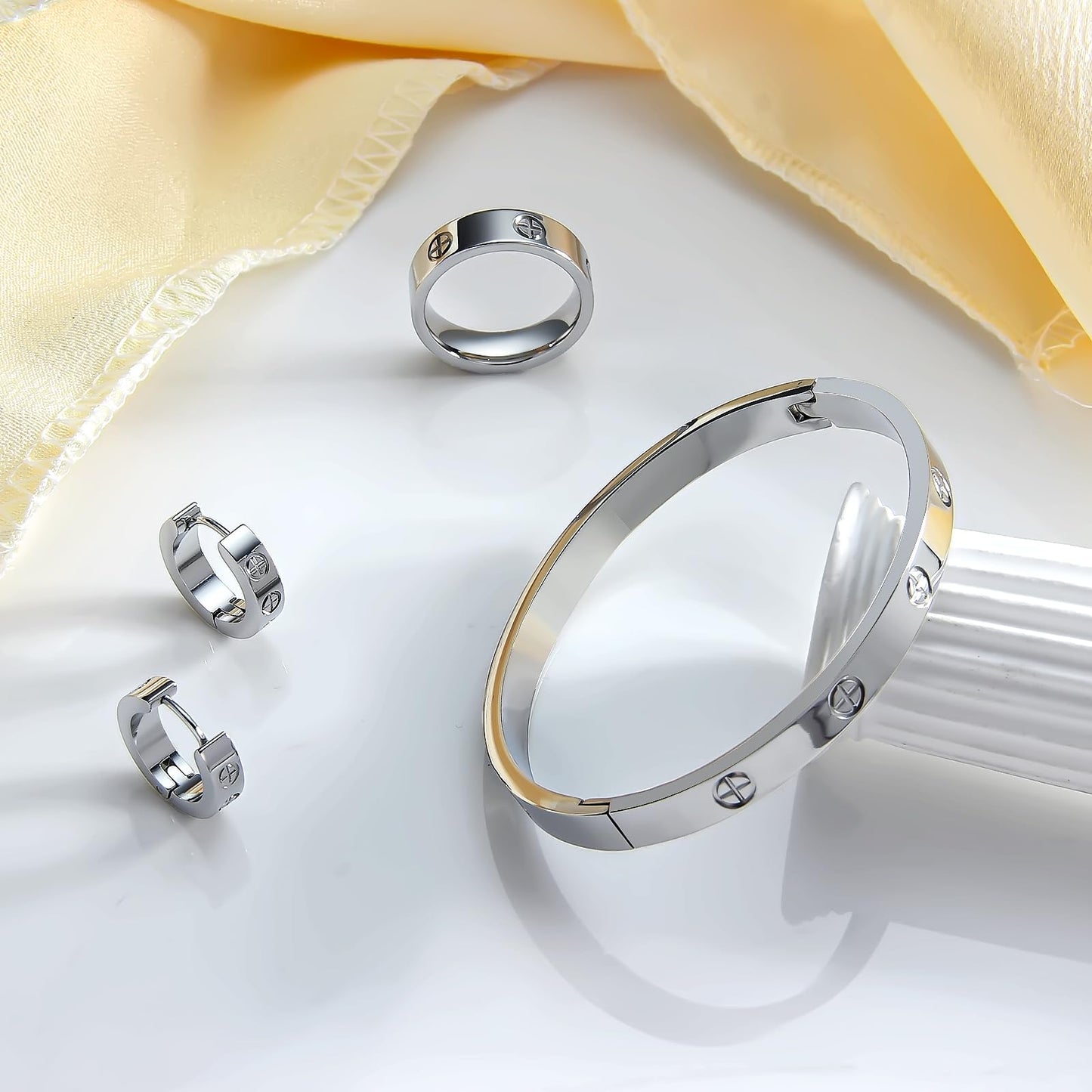 3 Pcs Hoop Earrings Bracelets Ring Sets for Women-18K Gold Plated Love Bracelet Cubic Zirconia Cuff Bangle Hoop Earrings Friendship Love Ring Jewelry Set,Wedding Party Christmas Valentine's Day Birthday Gifts for Her Girlfriend Sister Daughter
