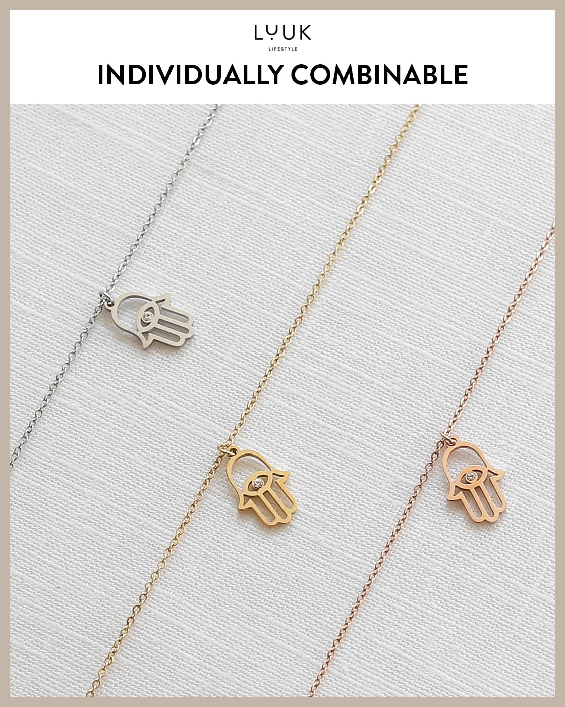 LUUK LIFESTYLE Necklace for women in stainless steel with pendant Hamsa Hand | Fatma and gift card HAPPINESS, chic and classy style, modern and minimalist fashion accessory for her, layer look, gold