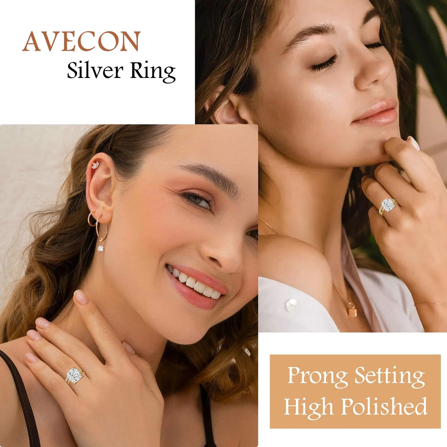 AVECON 3CT Elongated Cushion Cut Engagement Ring Set for Women, Wedding Promise Cubic Zirconia Band, 14K Gold Plated Stackable Adjustable Bridal Half Eternity Open Rings, Size 6