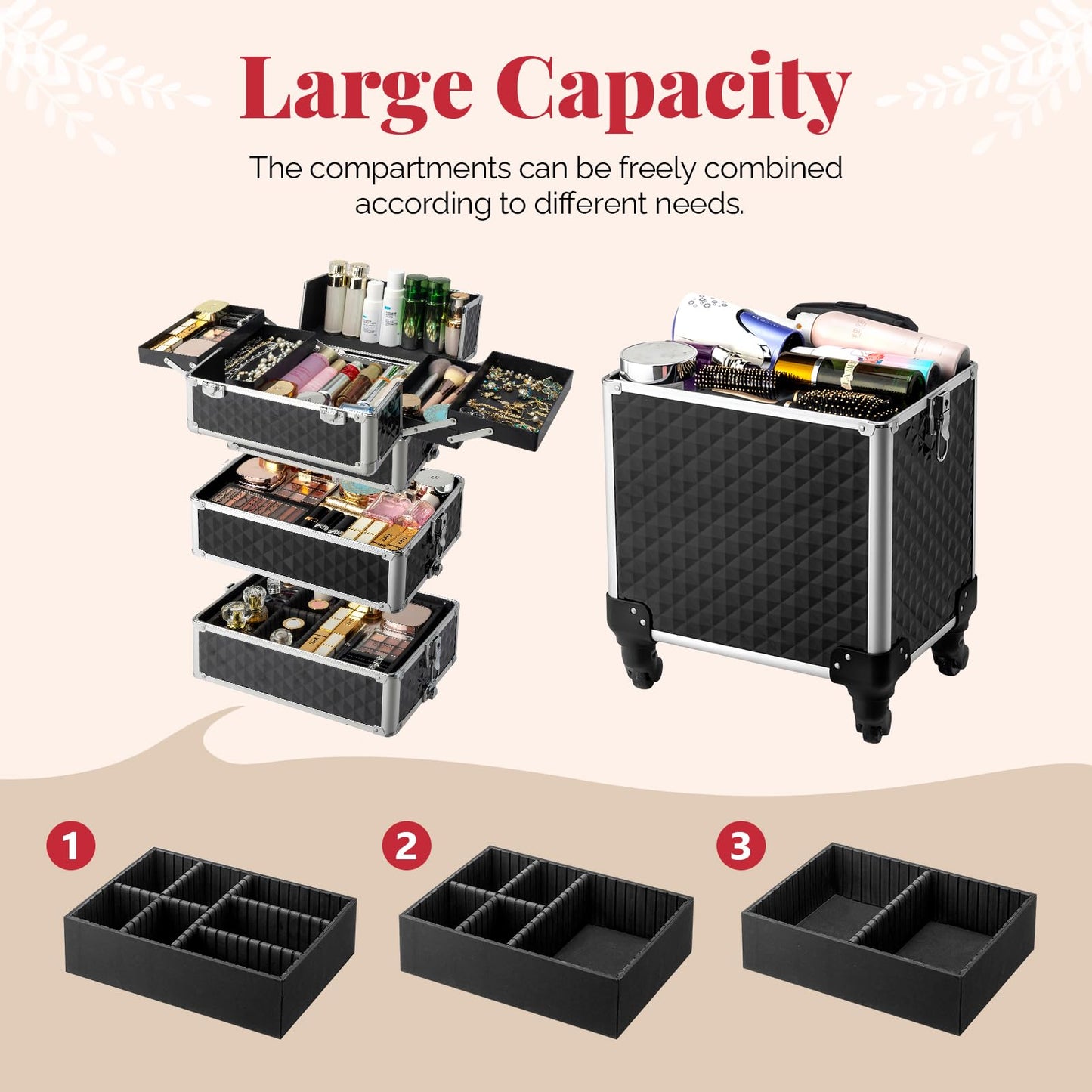 mefeir 4-in-1 Rolling Makeup Train Case Lift Handle,4 Removable Wheels Lockable Keys,Aluminum Cosmetic Trolley Beauty Stylist Artist Organizer Box,Ideal Xmas New Year Gift (Diamond Black)