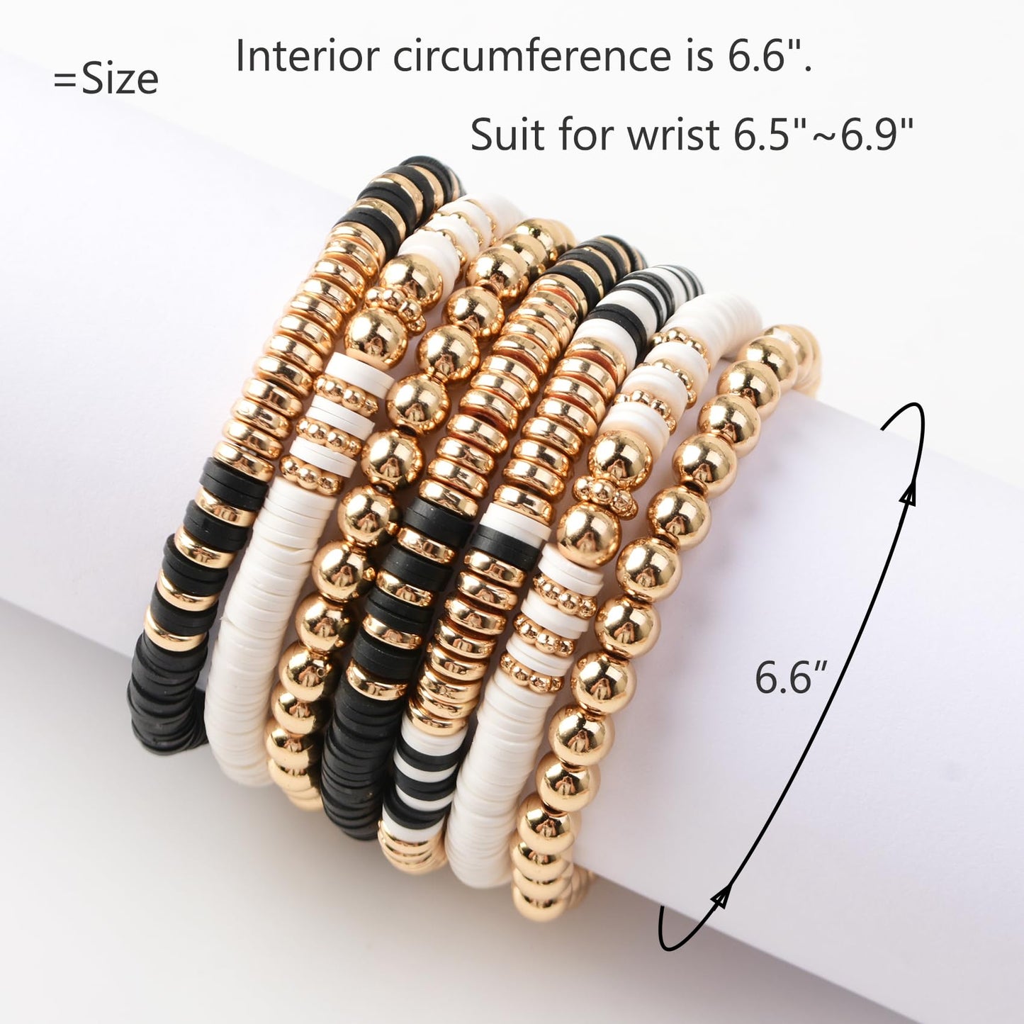 GOOJIDS Black Surfer Heishi Clay Bead Bracelets for Women Bohemian Stackable Gold Plated Beaded Stretch Bracelets Elastic Layering Friendship Bracelets Set Jewelry Gift