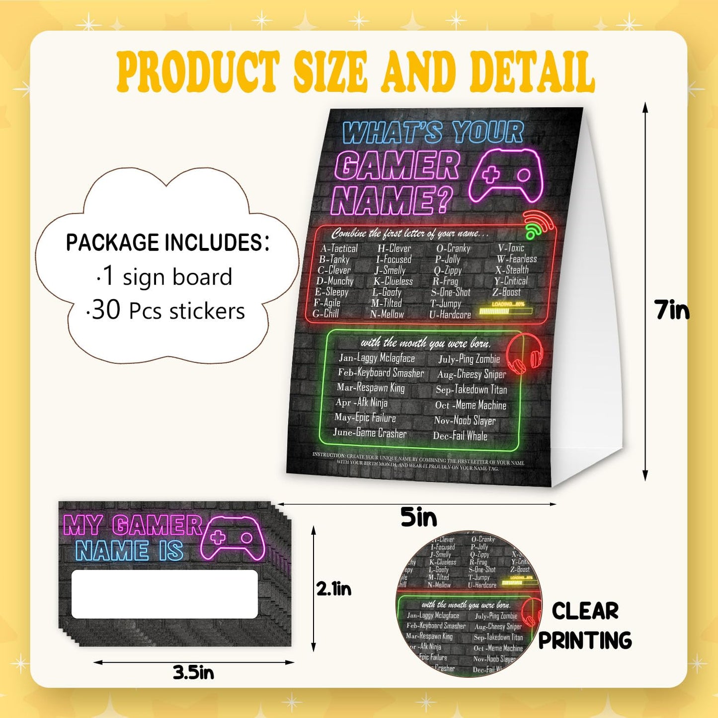 EQIUAG What's Your Gamer Name, Funny Game Night Decorations Cards Set,1 Game Sign and 30 Cards Games, Perfect for Birthday Party Activities