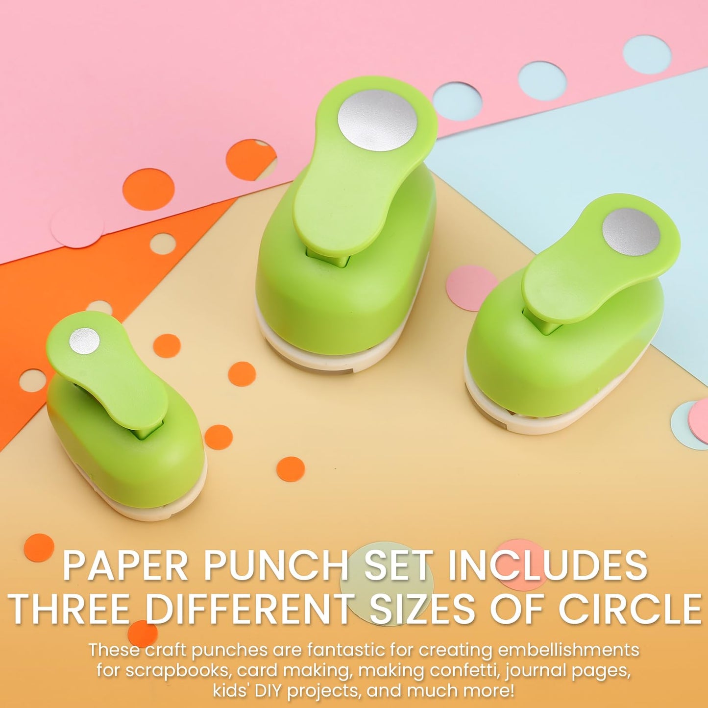 HAUSTGO 3PCS Circle Punch Set, 3/8 Inch, 5/8 Inch, 1 Inch Circle Hole Punch Set for Scrapbooking, Card Making, DIY Photo Albums and Homemade Confetti