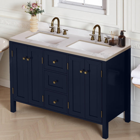 DWVO 47 Inch Bathroom Vanity with Double Sink, Retro Bathroom Storage Cabinet with Sintered Stone Countertop, Six Holes, 4 Doors & 3 Drawers